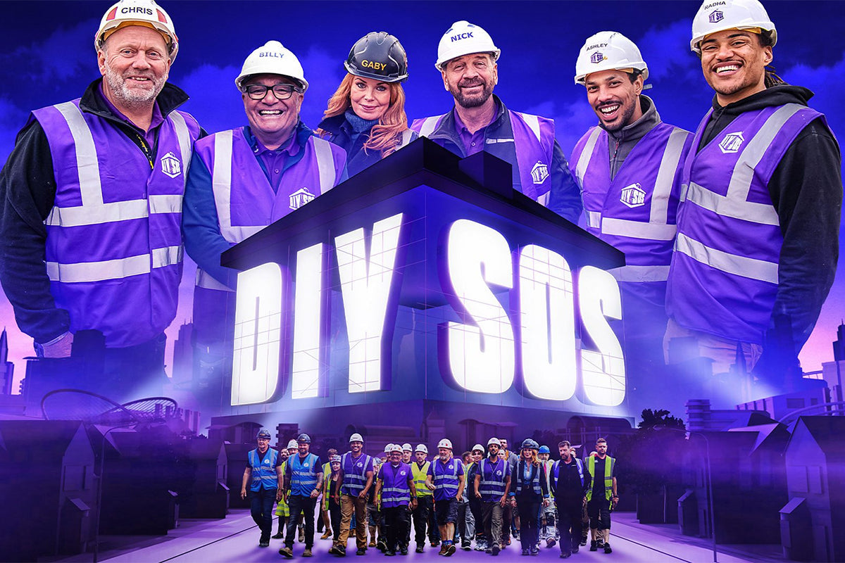 A graphic of a house with DIY SOS in big white lights on the walls, with the programme's team in hard hats behind it and some of the show's volunteers underneath