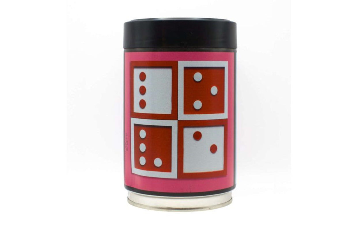 Coffee tin with four squares spelling 'love' in braille in a graphic (and tactile) form