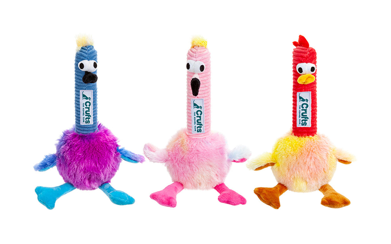 Three squeaky plush bird toys in a row. Left to right: blue, pink, red.