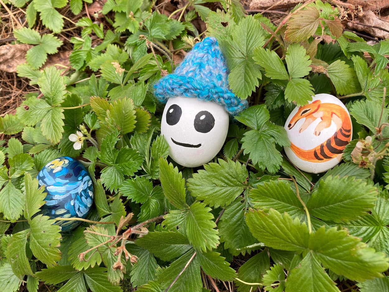 Three painted Easter eggs nestling in an alpine strawberry. One in the style of Van Gogh's Starry night, one is a cartoon smiling face wearing a knitted hat, the last has a thylacine (or Tasmanian tiger) painted on it