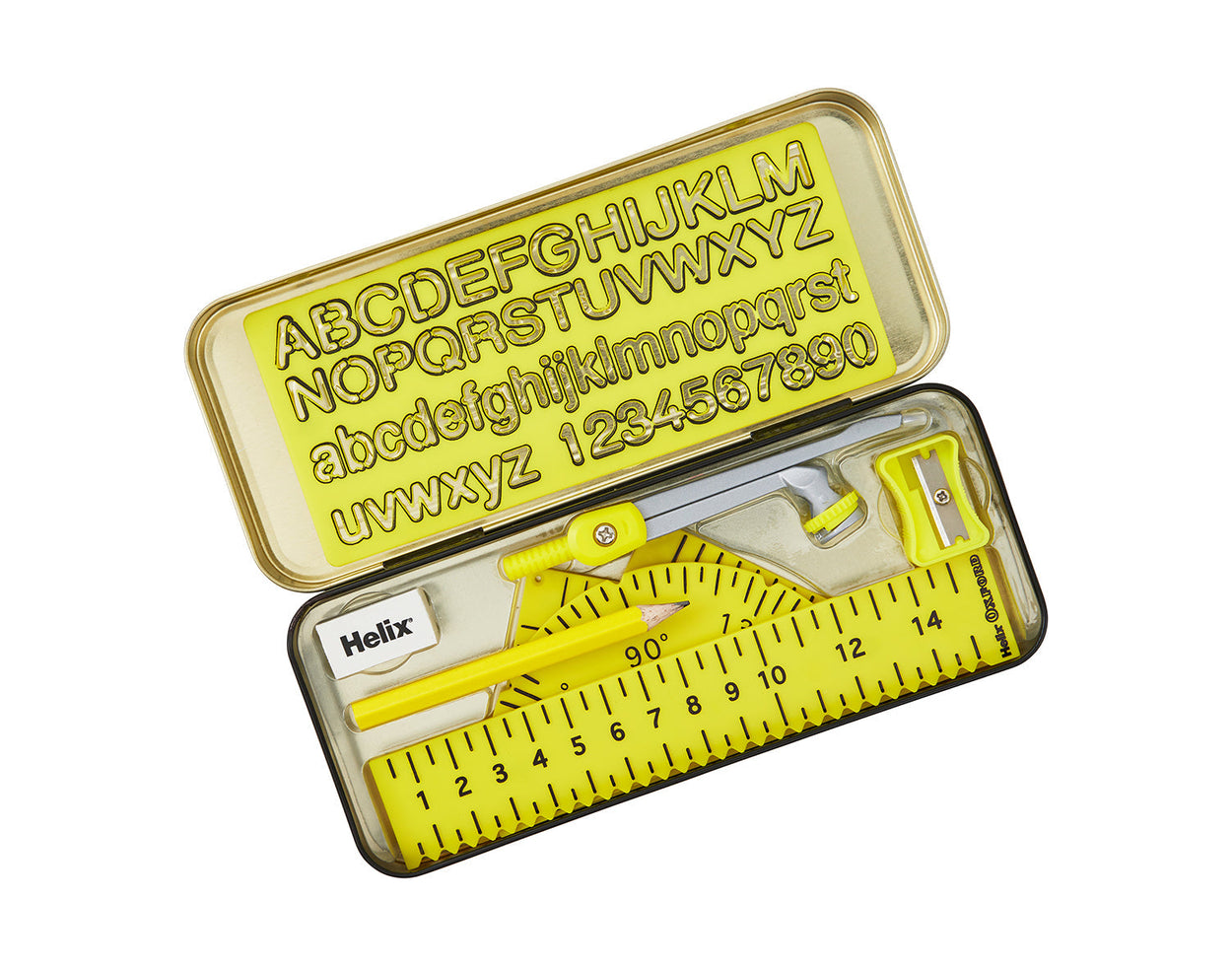 Open tin with easy-to-see maths tools - including ruler, protractor, set squares, and compass - inside. Inside the lid is a yellow stencil with the alphabet in upper and lower case and numbers.