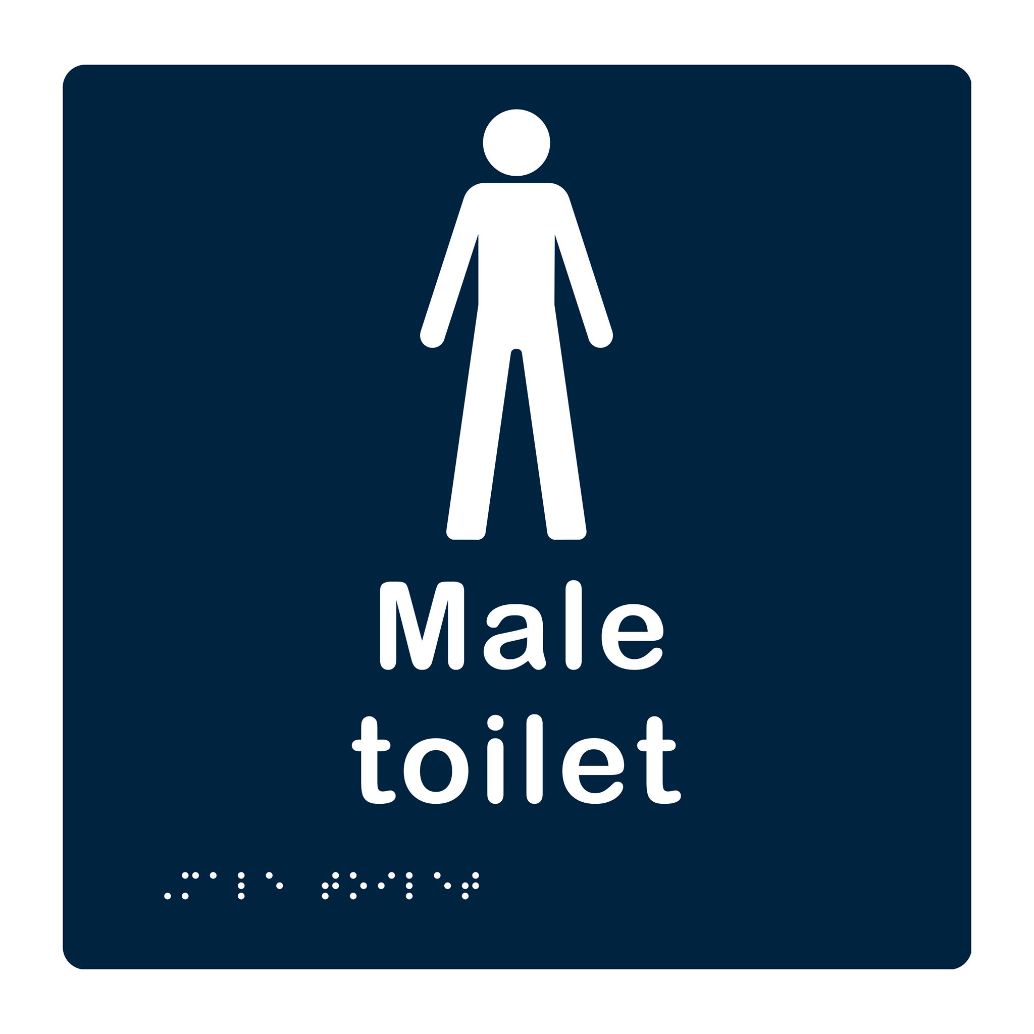 White on dark blue artwork for a male toilet sign with an icon for a man and the words 'male toilet' in print and braille