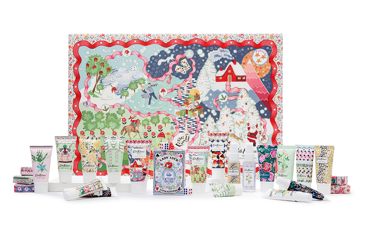 Cath Kidston beauty advent calendar with contents arranged in front of it