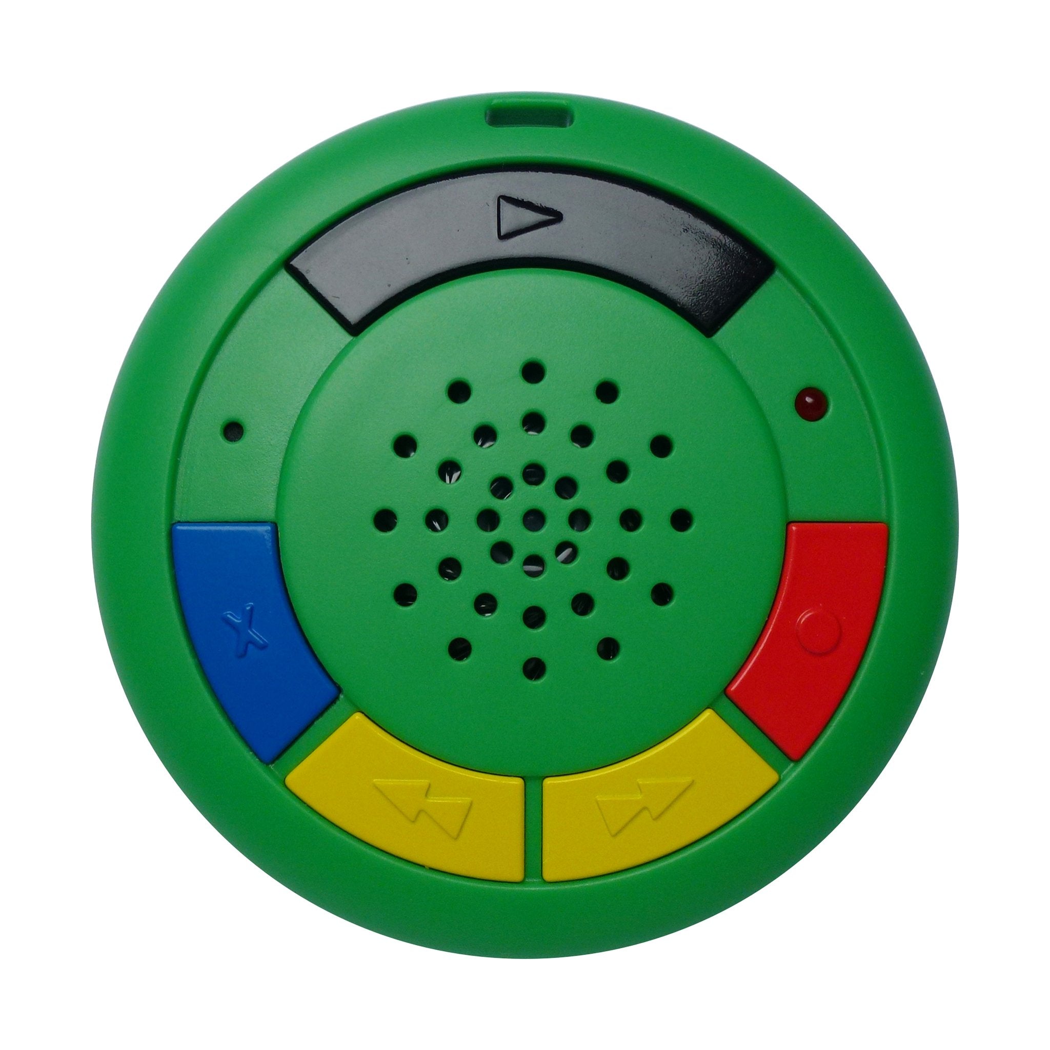 Overhead view of round green voice recorder showing colourful buttons