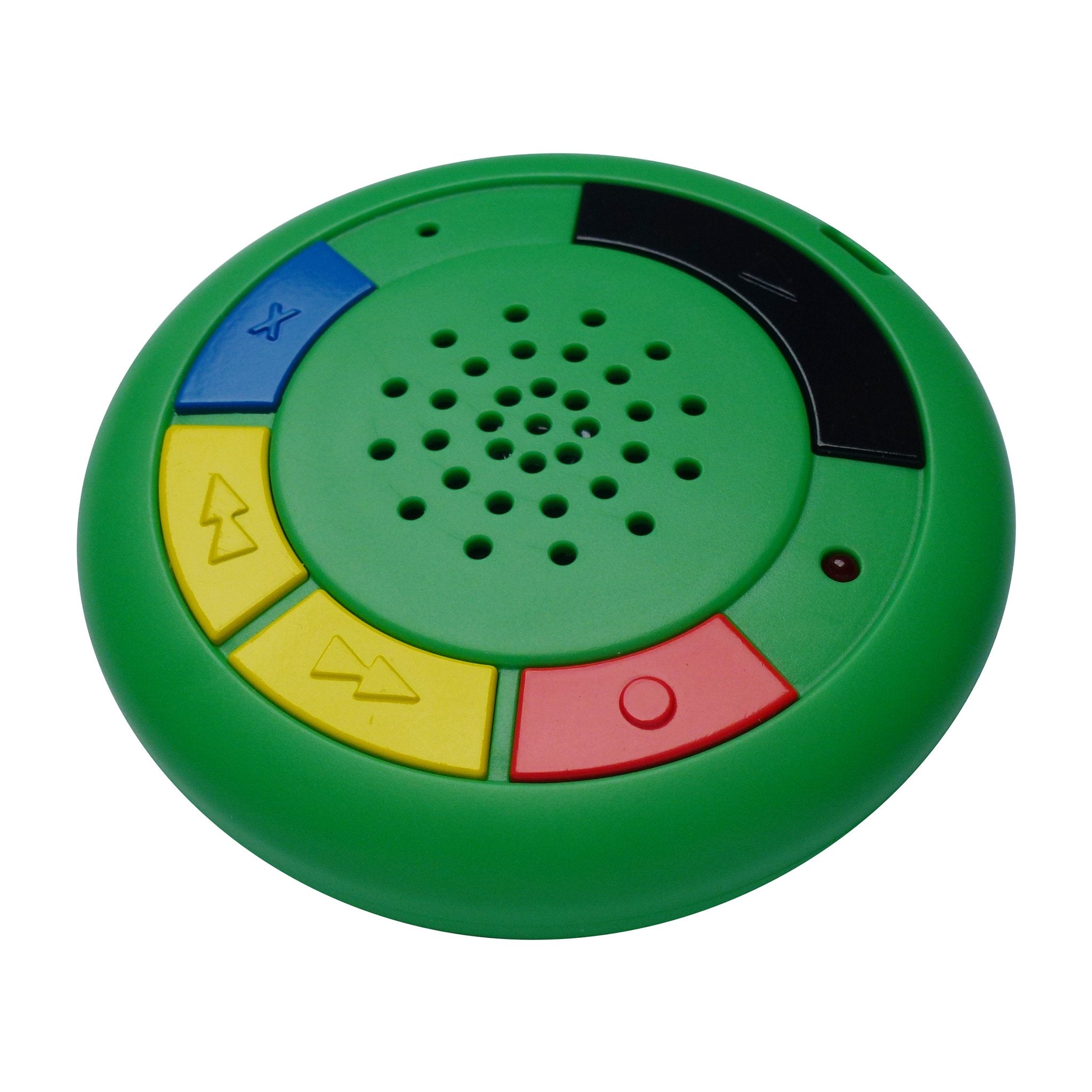 Angled view of round green voice recorder showing colourful buttons