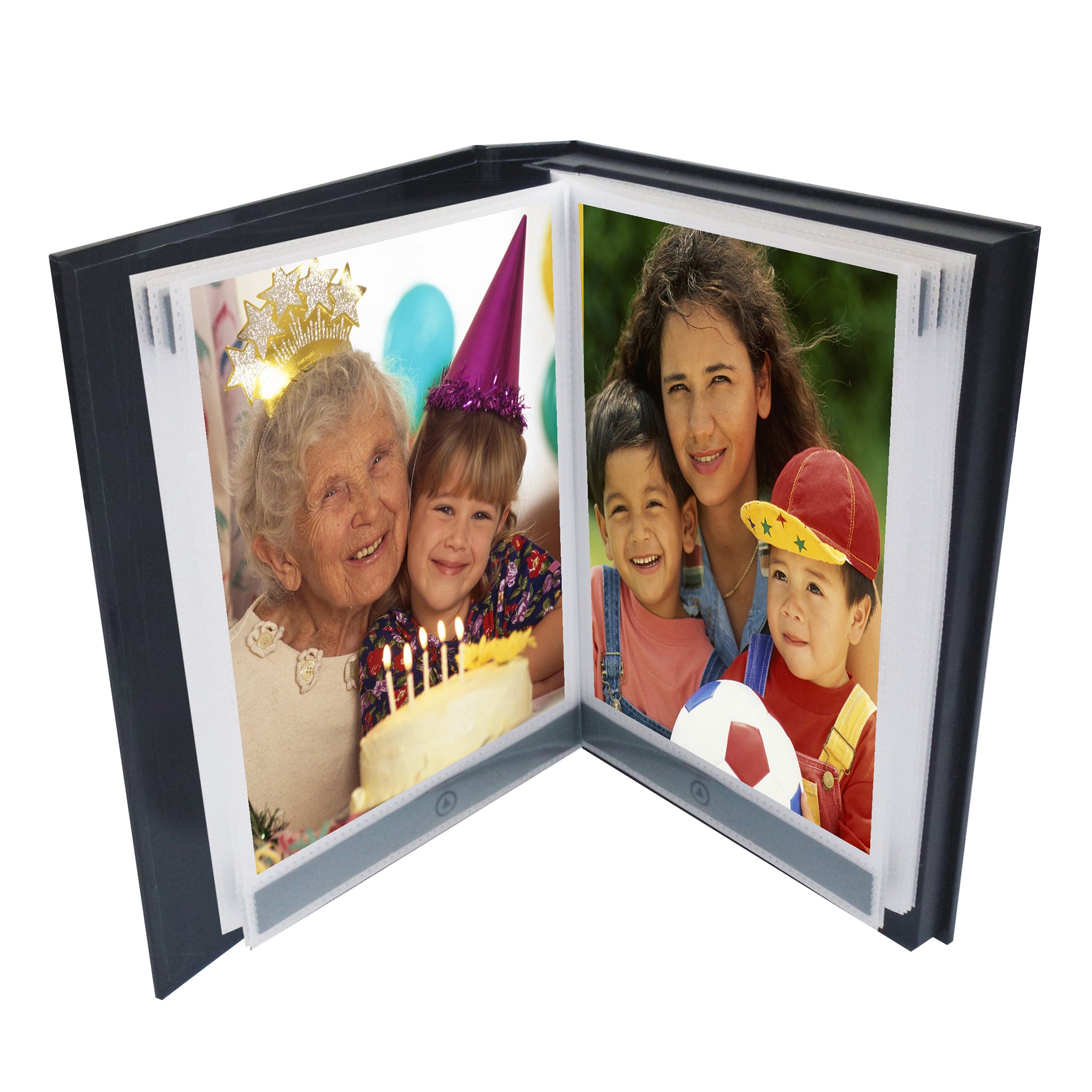 Talking photo album open to show two family photos