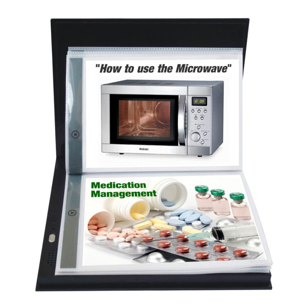 Talking photo album open with images that read 'how to use the microwave' and 'medication management'