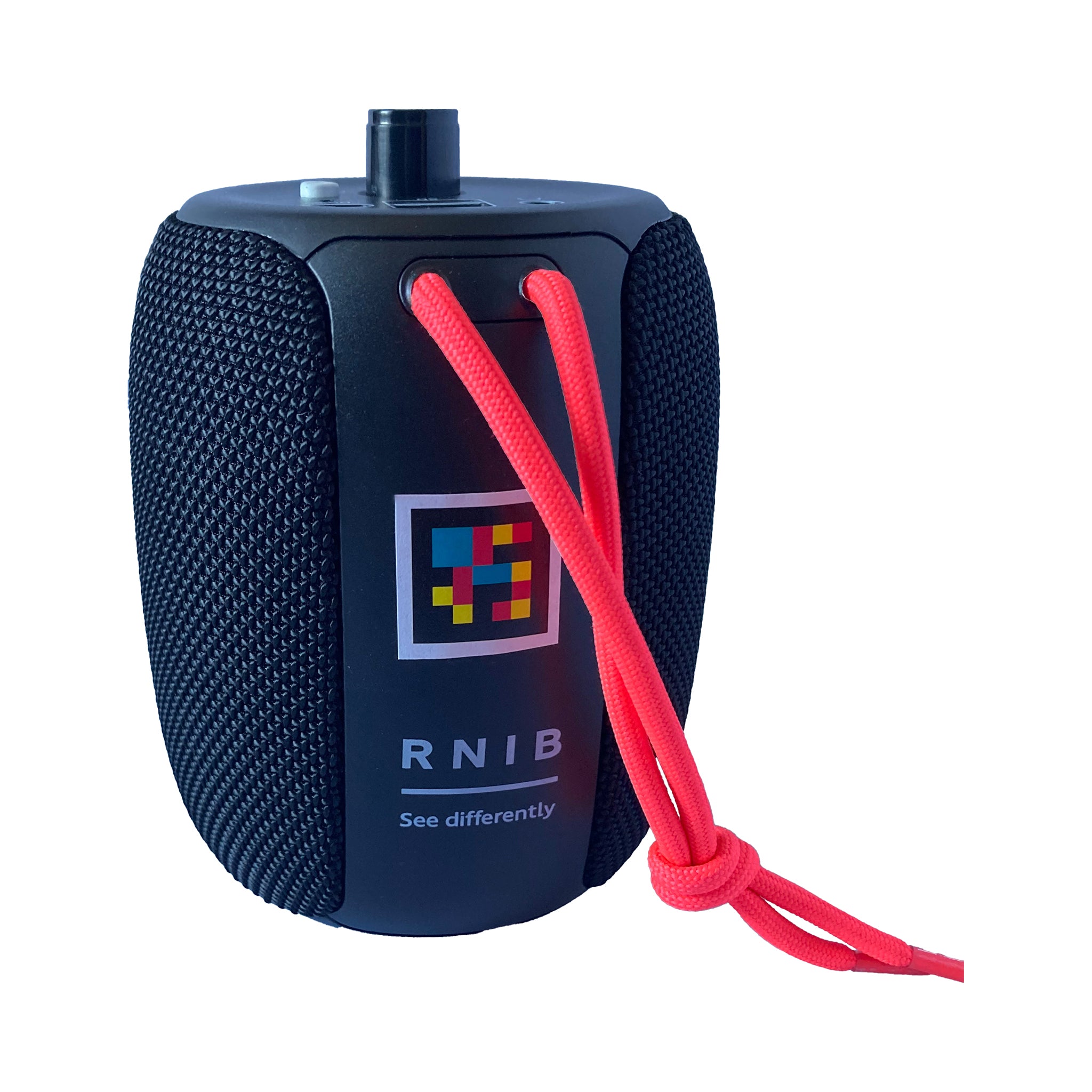 Black speaker with red cord and RNIB logo on a white background
