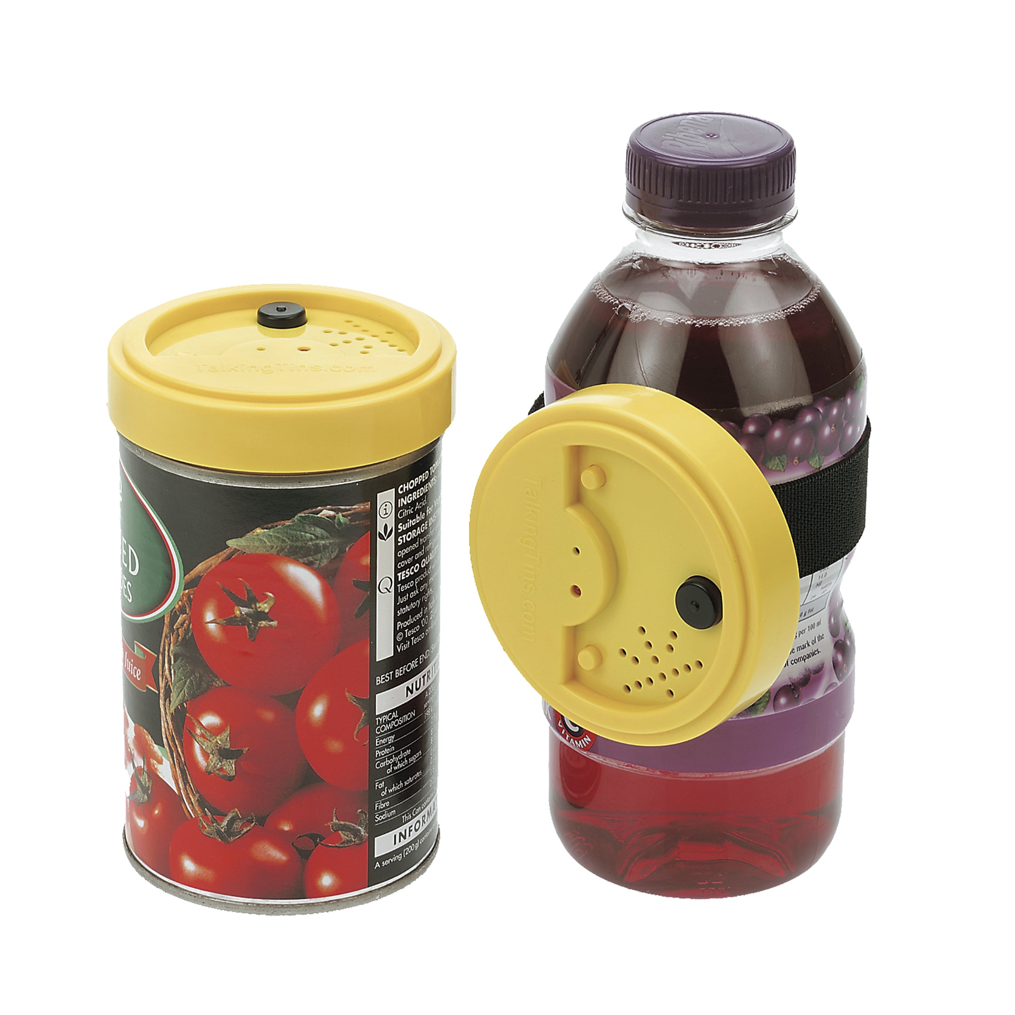 A voice recorder magnetically attached to the top of a tin and another held on a plastic bottle with velcro strap