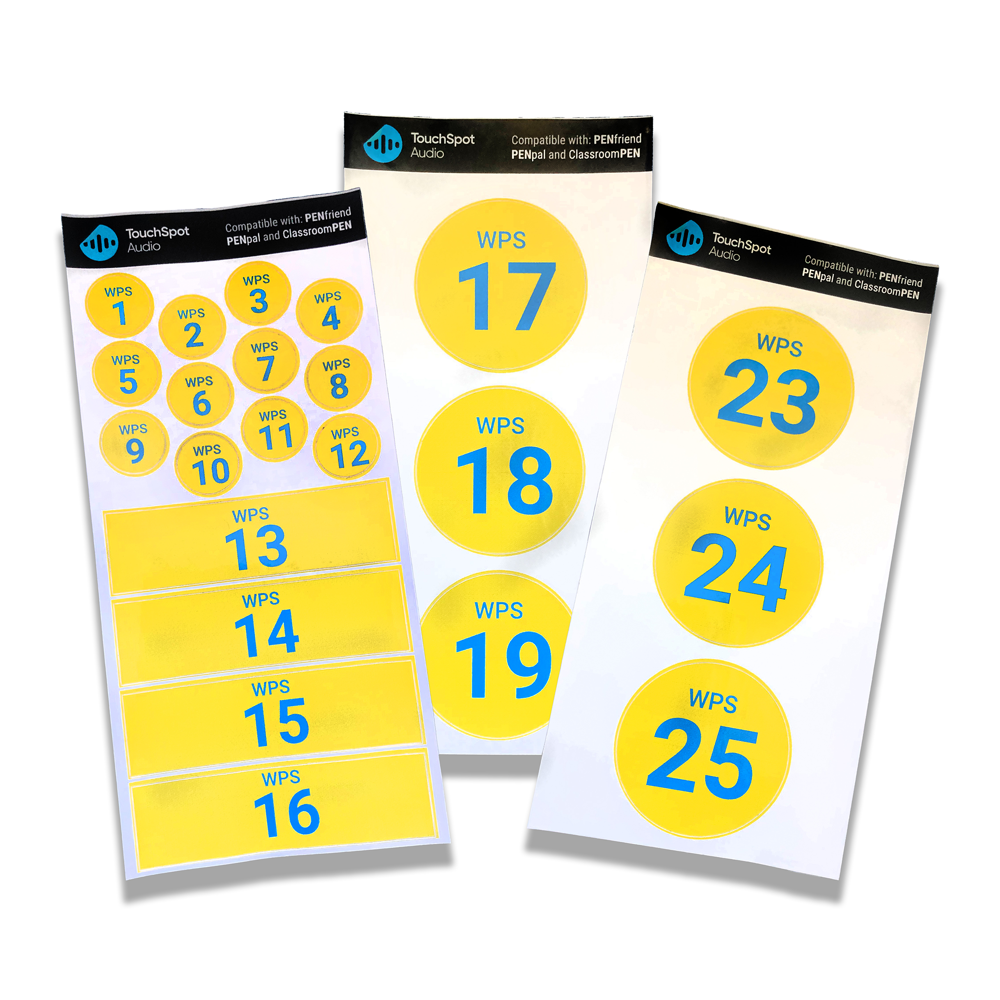 Three sheets of reusable PenFriend labels laid out in a fan