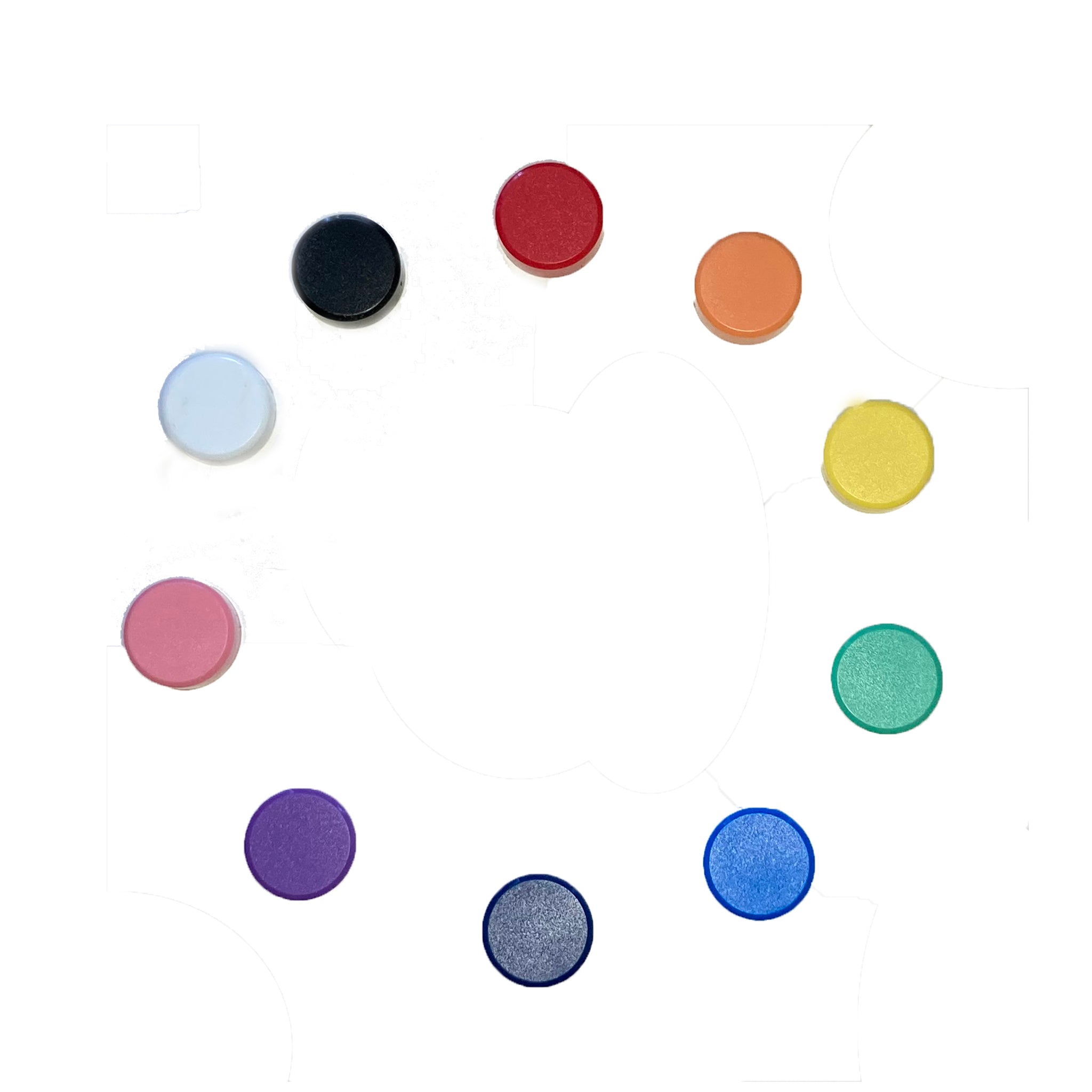 Colourful magnets arranged in a circle on a white background