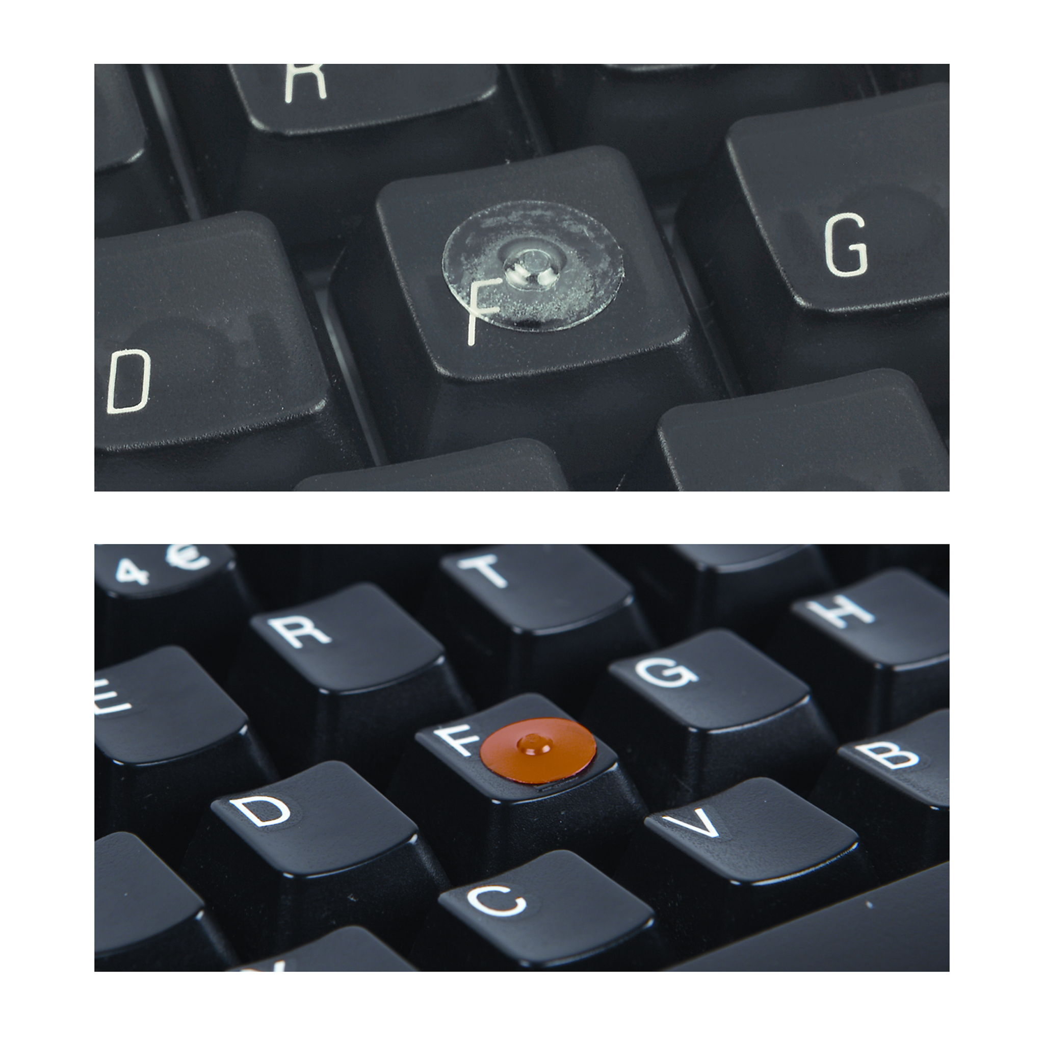 Two images of keyboards, one above the other. Top image has a clear locdot on the F key, bottom image has the orange locdot on the F key