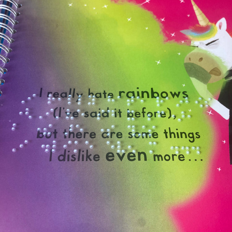 Alternative view of Unicorns don't love sparkles (contracted UEB)
