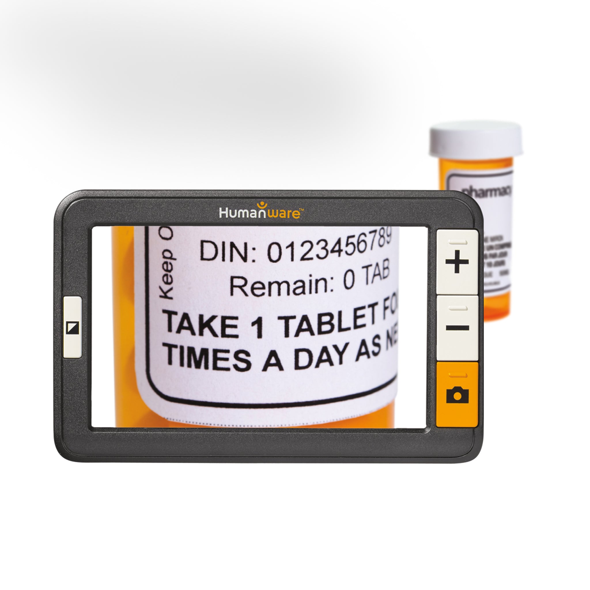 The magnifier showing a label on a pill bottle