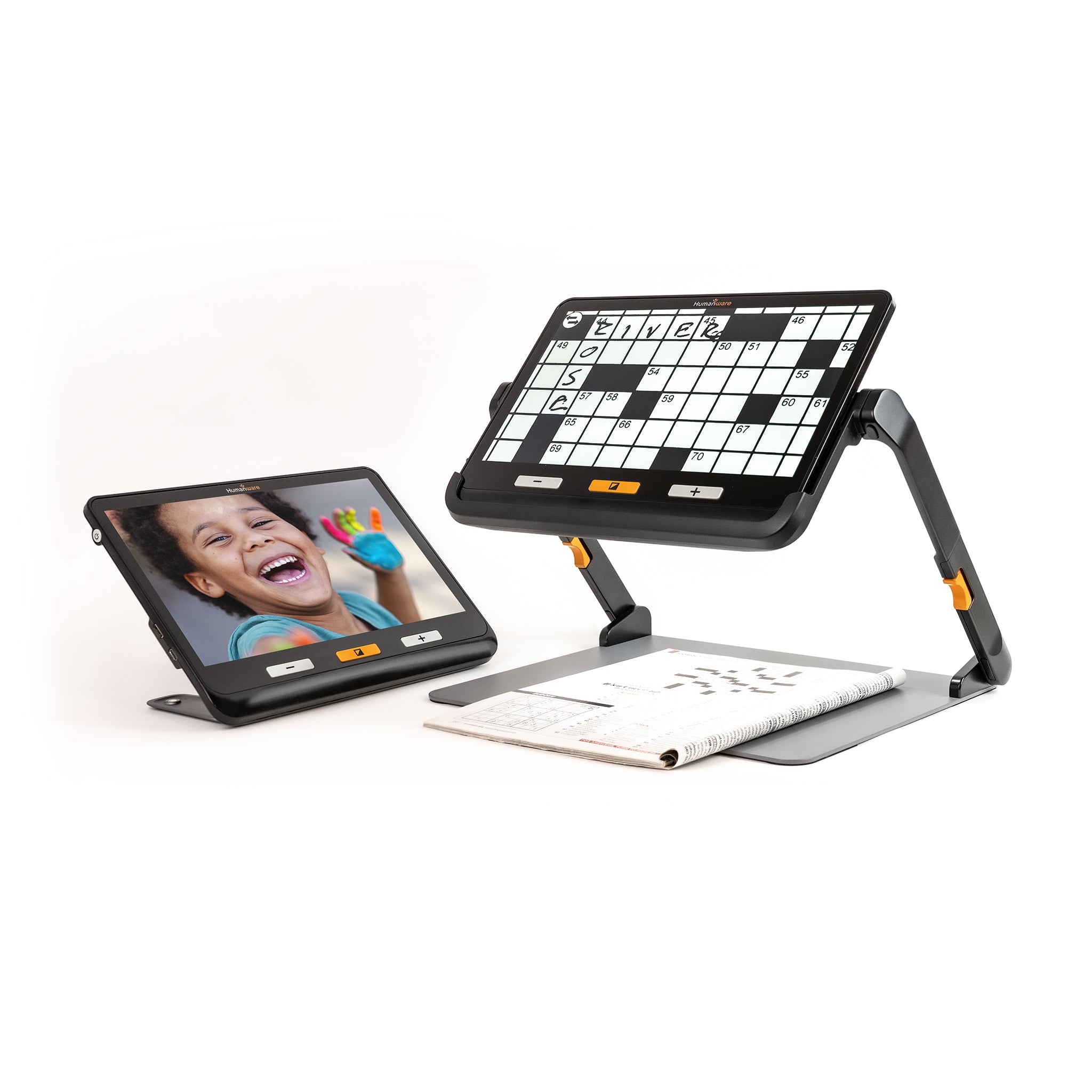 Explore 12 in two different reading positions, including on its writing stand allowing a crossword to be completed.