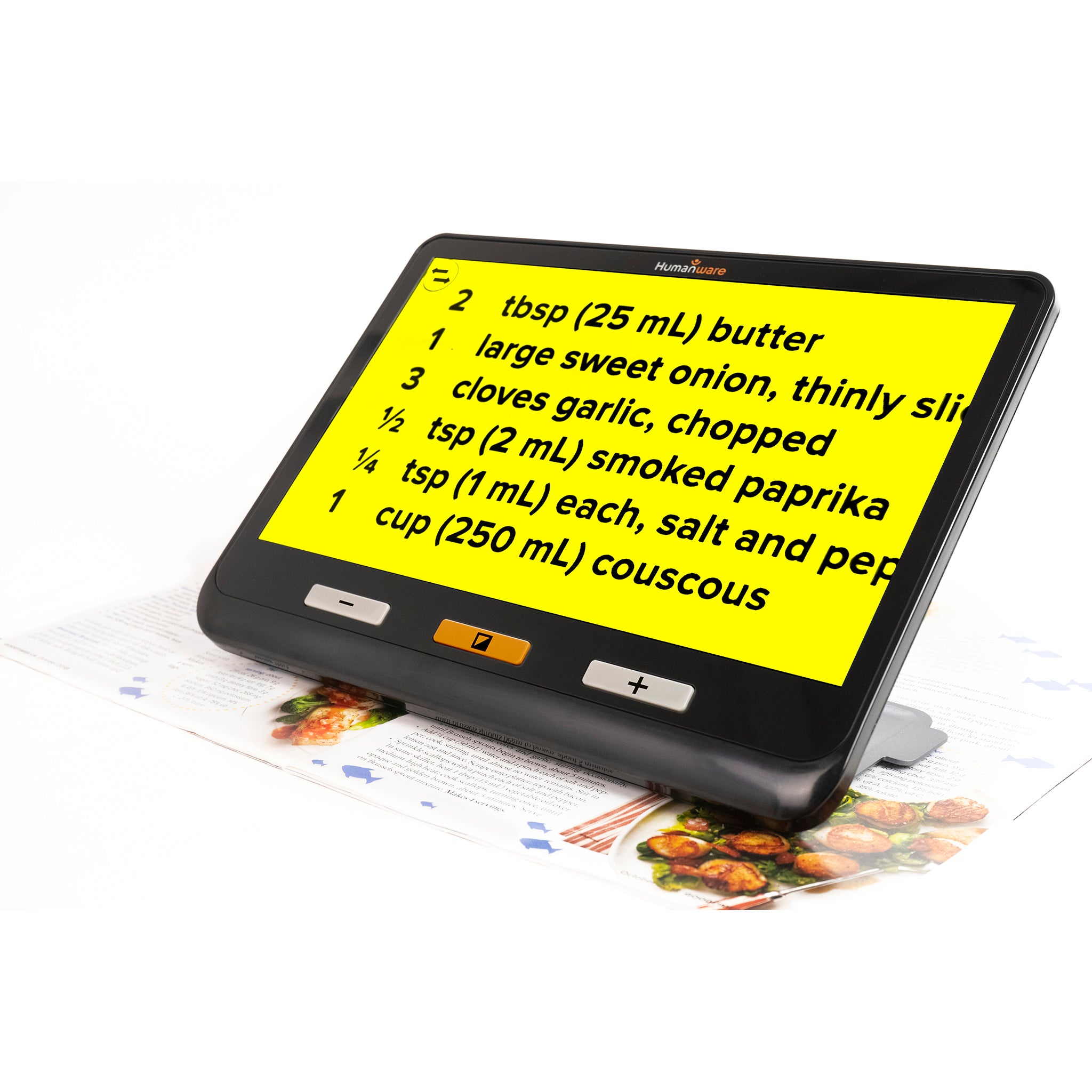 Explore 12 propped on a recipe book and showing ingredients in black text on yellow.