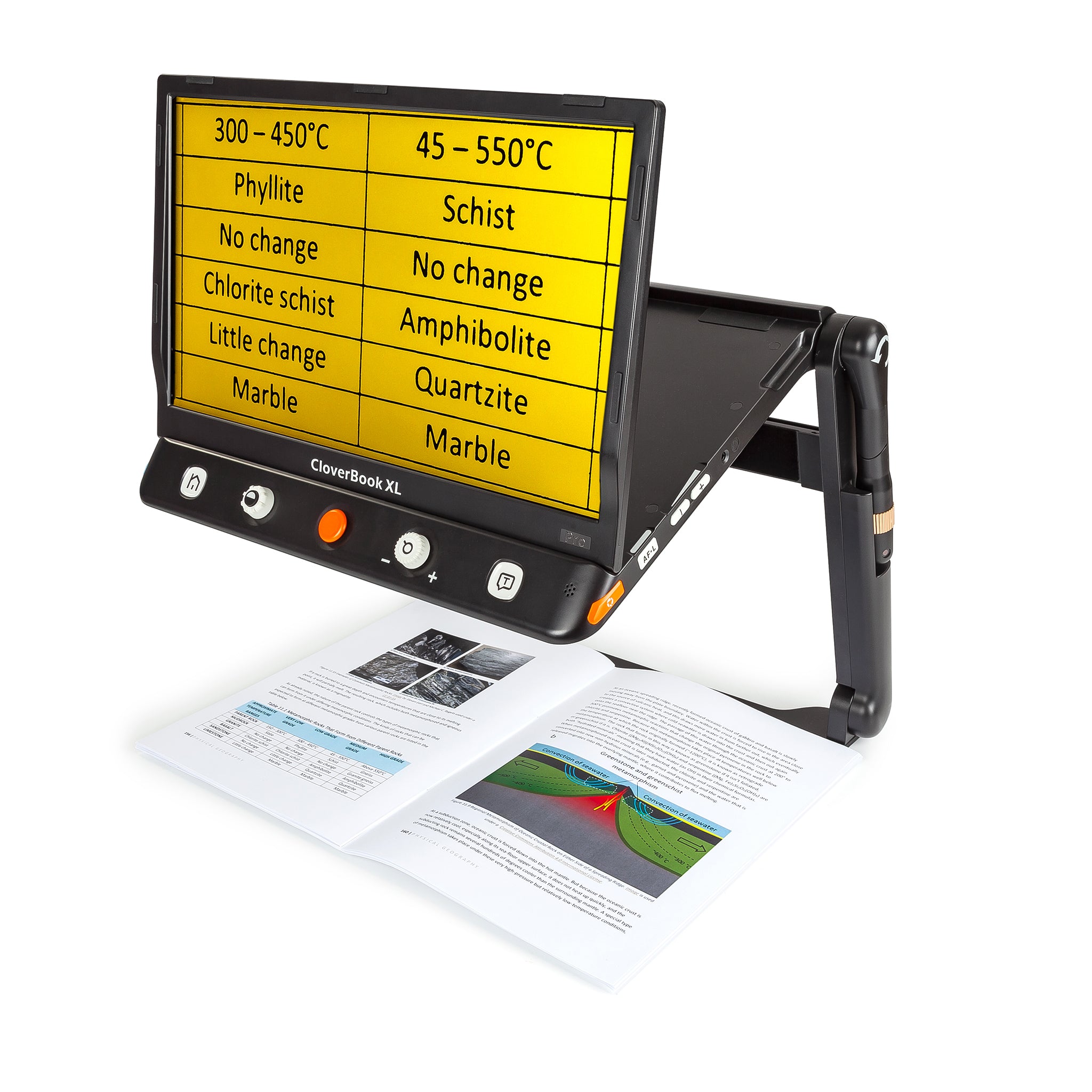 CloverBook XL Pro Plus being used to scan an article in a magazine. The image on the screenshows the text in black against a yellow background.