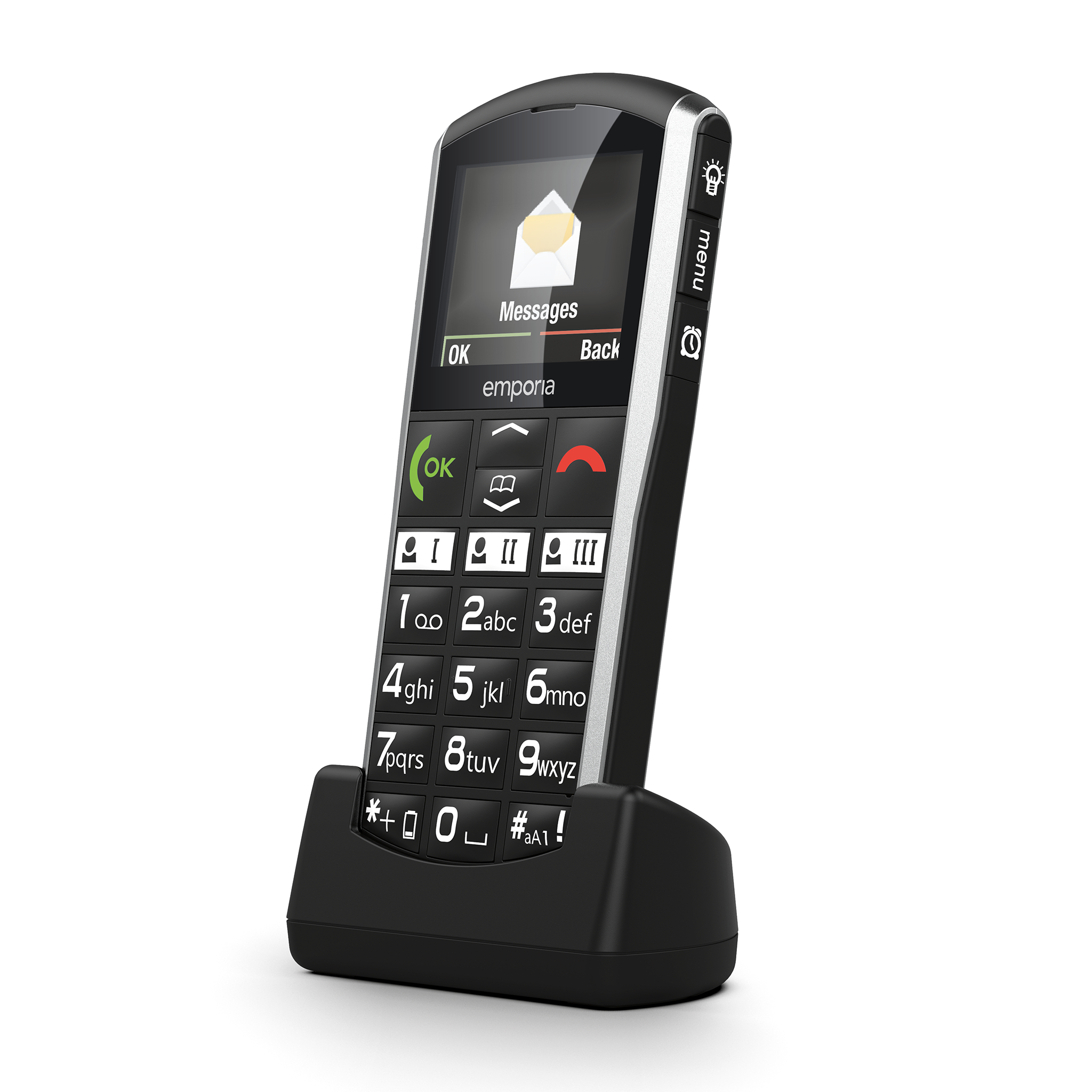 Angled view of black mobile phone in charger showing the messages icon