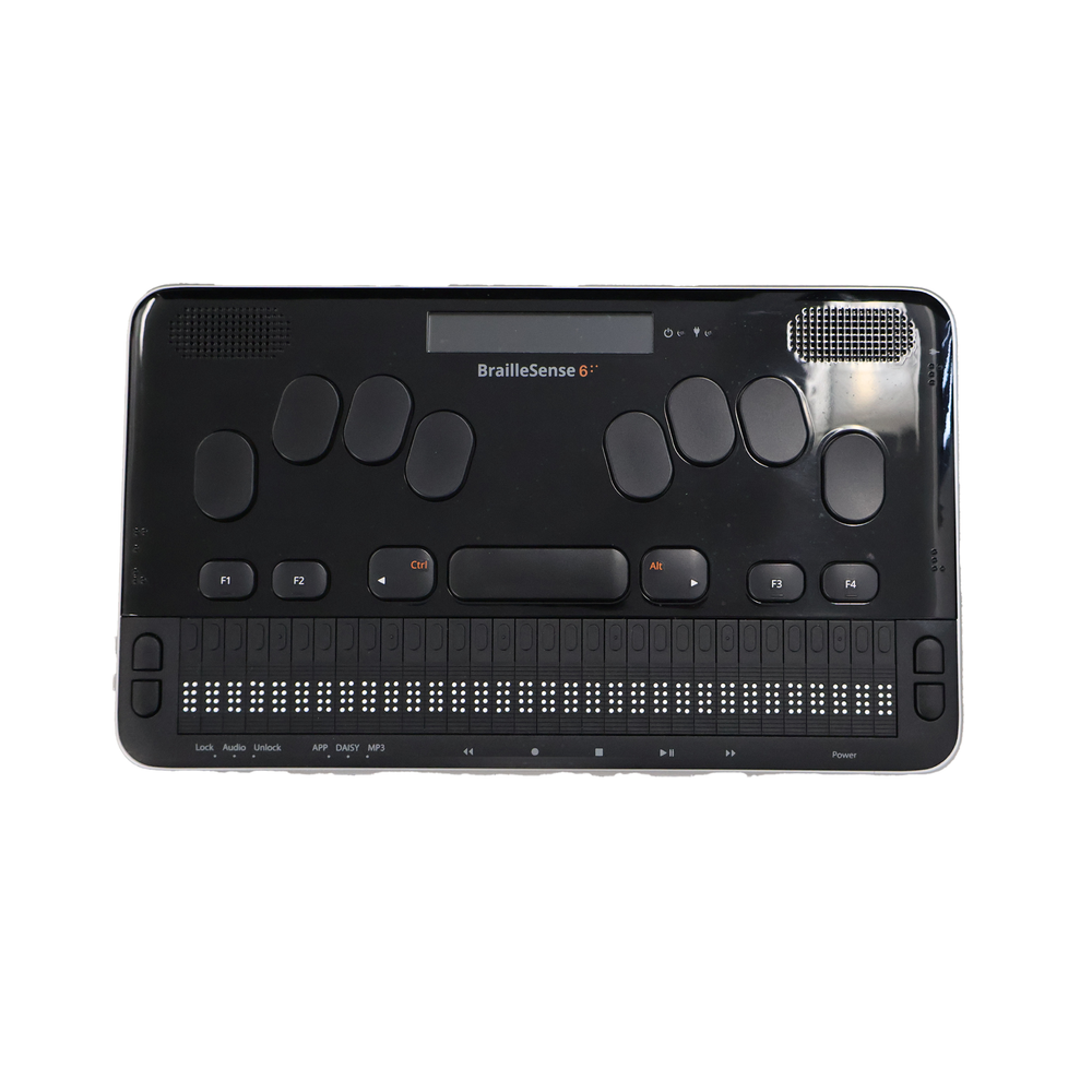 Black BrailleSense6 notetaker viewed from above