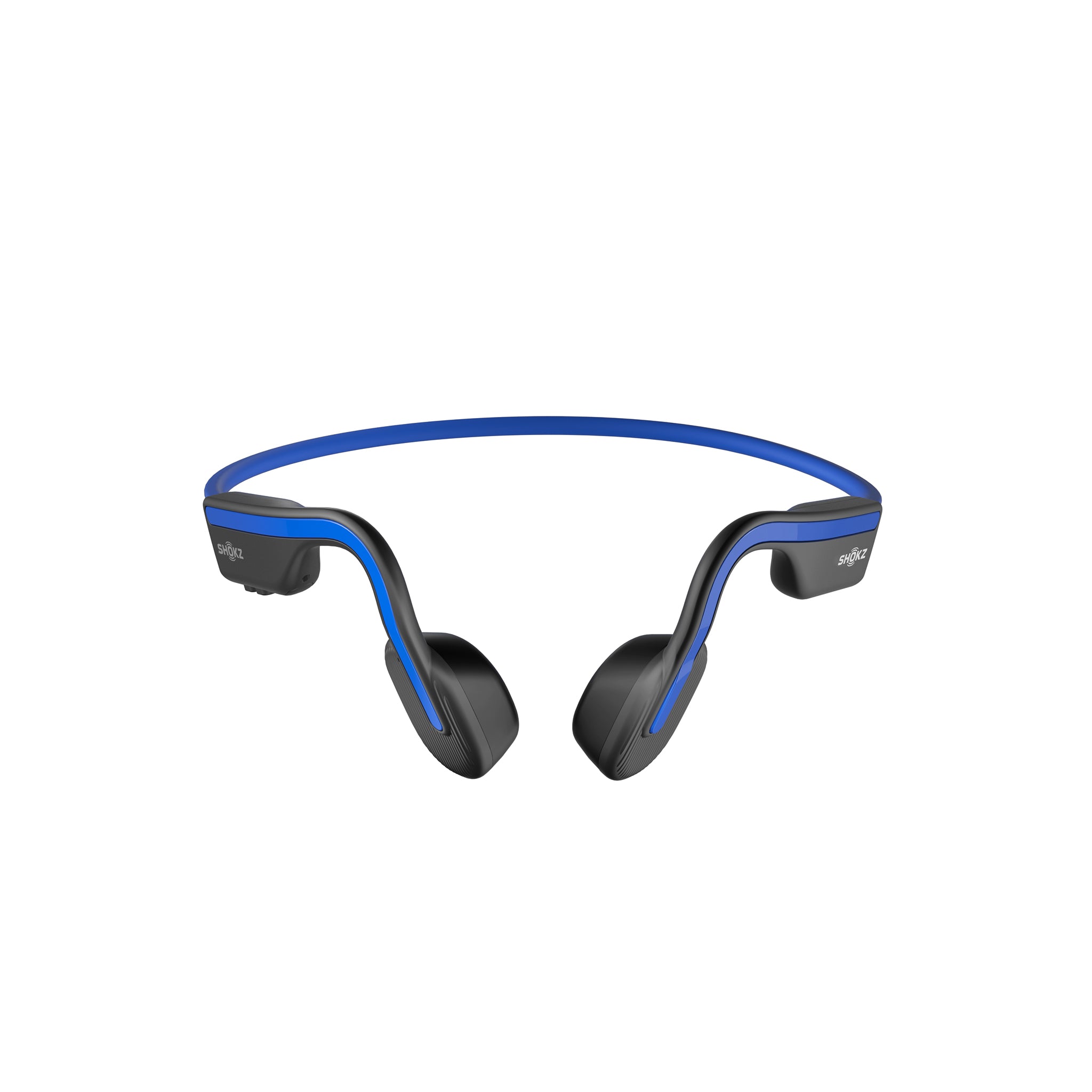 Front view of OpenMove Shokz in blue.