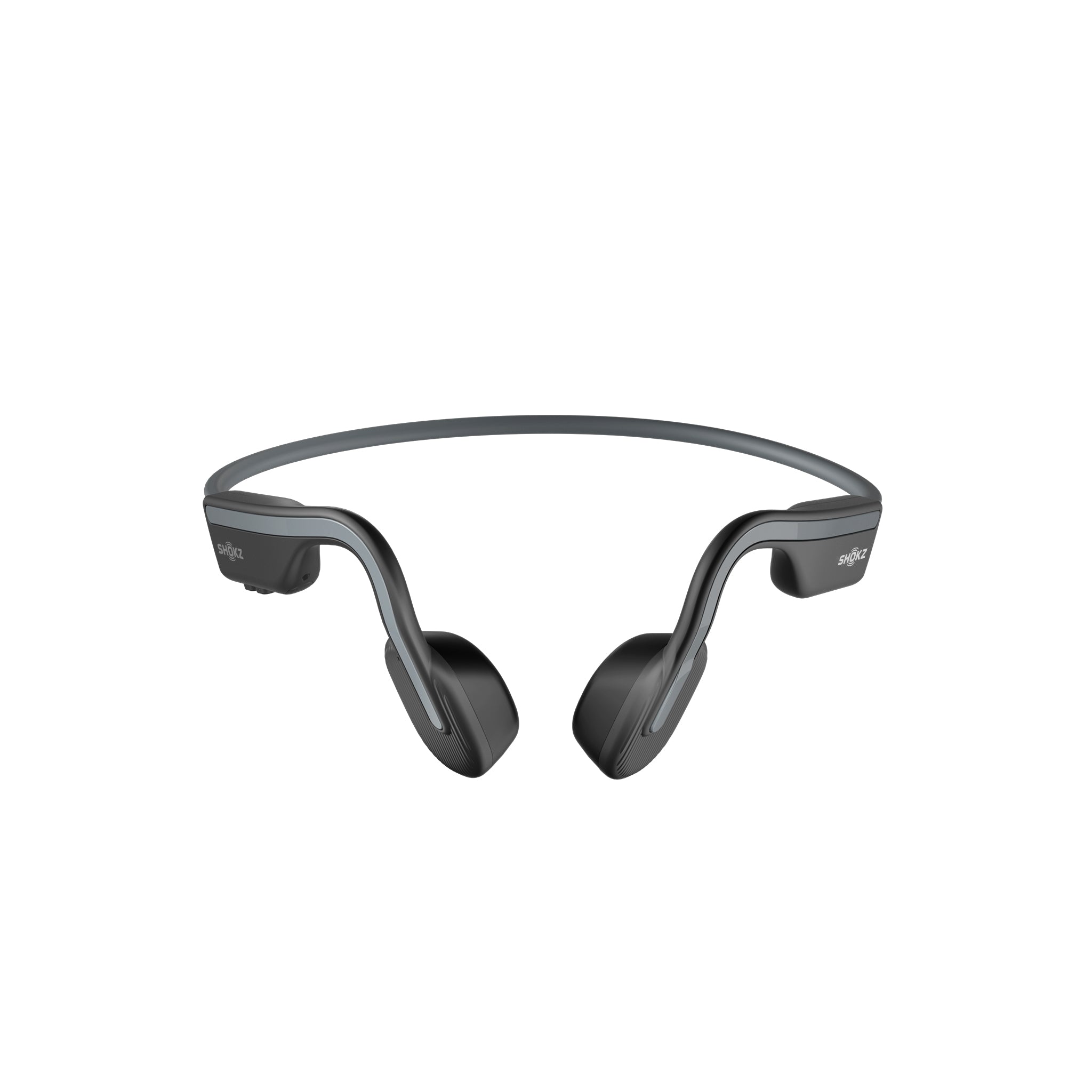 Front view of OpenMove Shokz in grey.