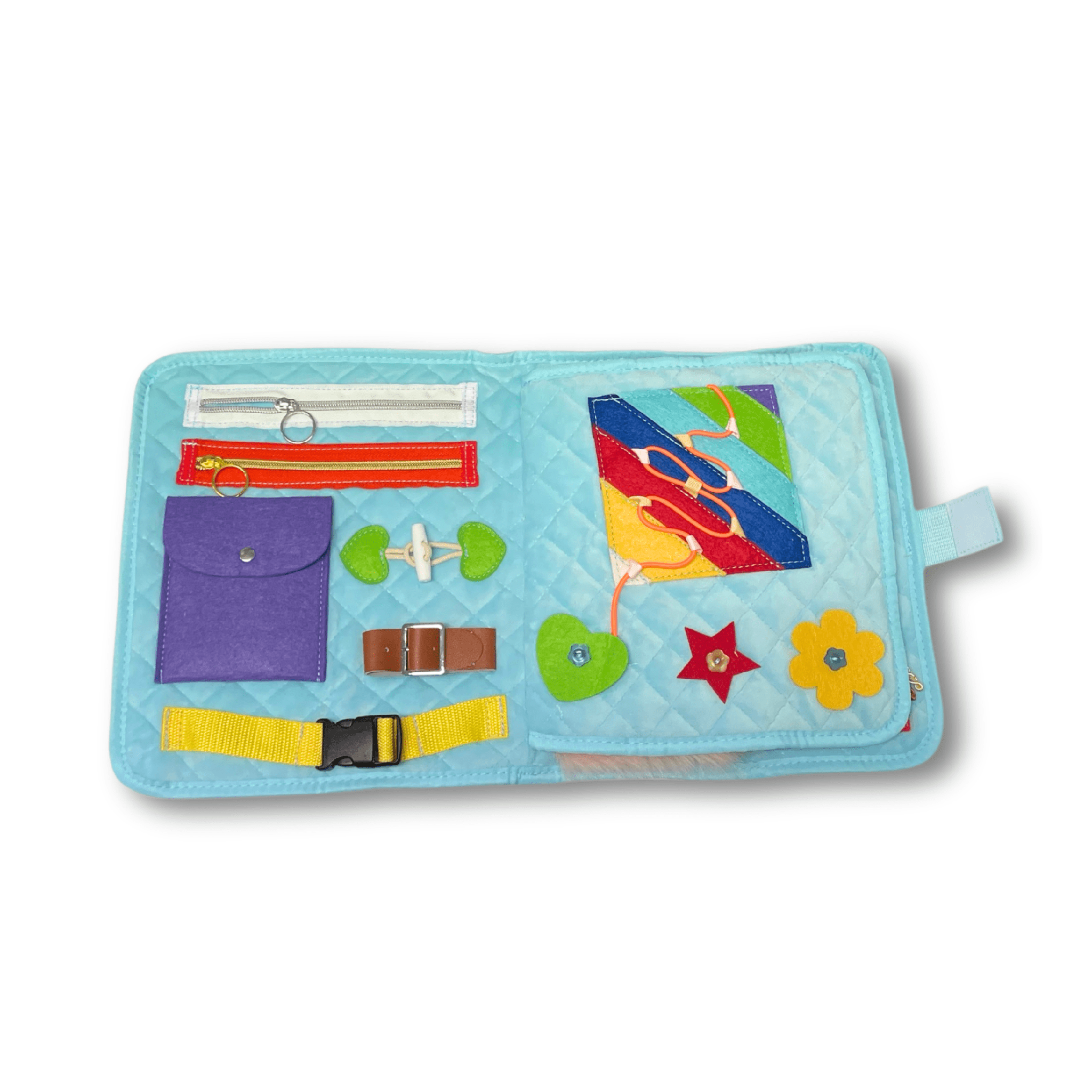 Image shows the interior of the fiddle blanket, with zips, strings buckles shapes and tggles.