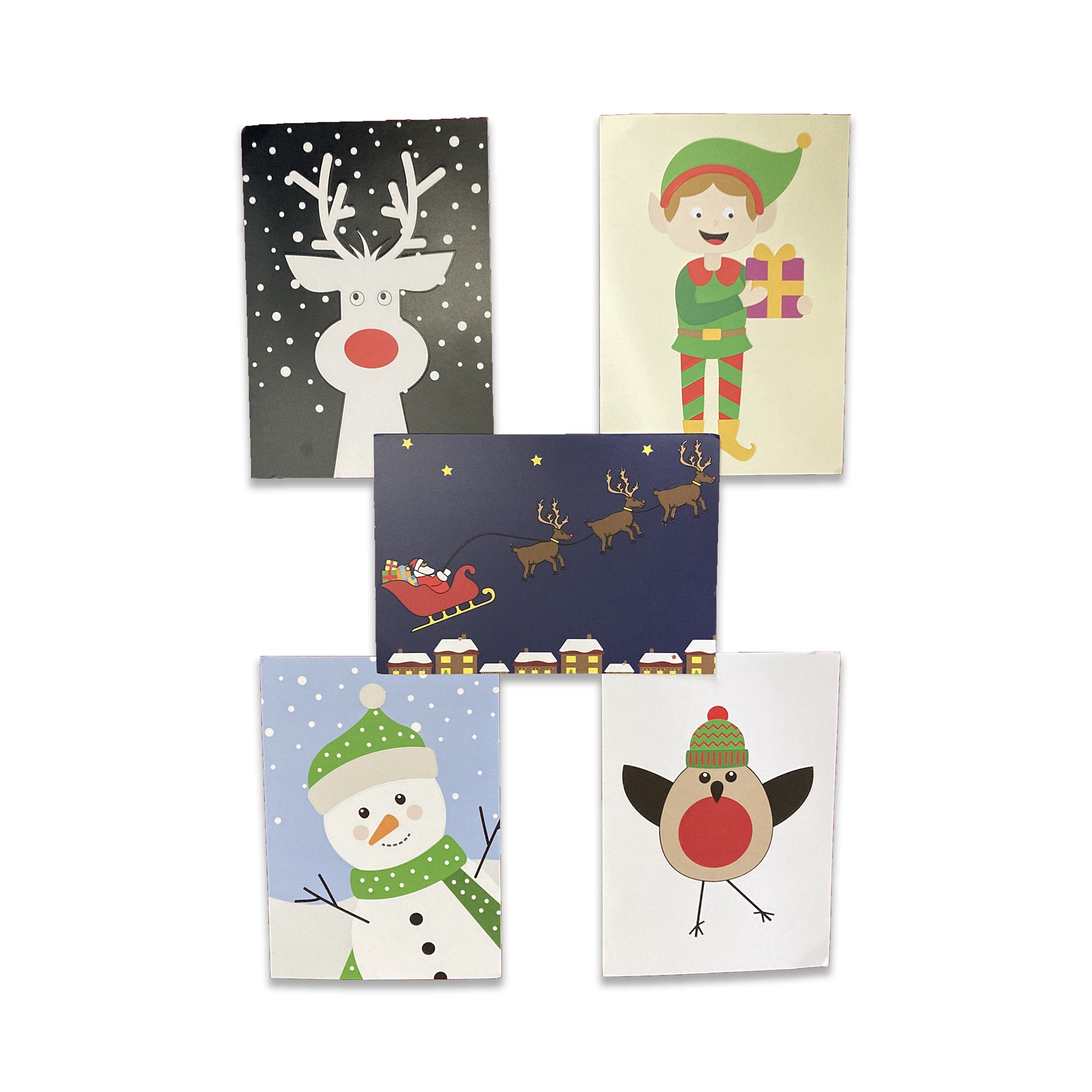 Set of five Christmas-themed greeting cards with different characters on a white background.