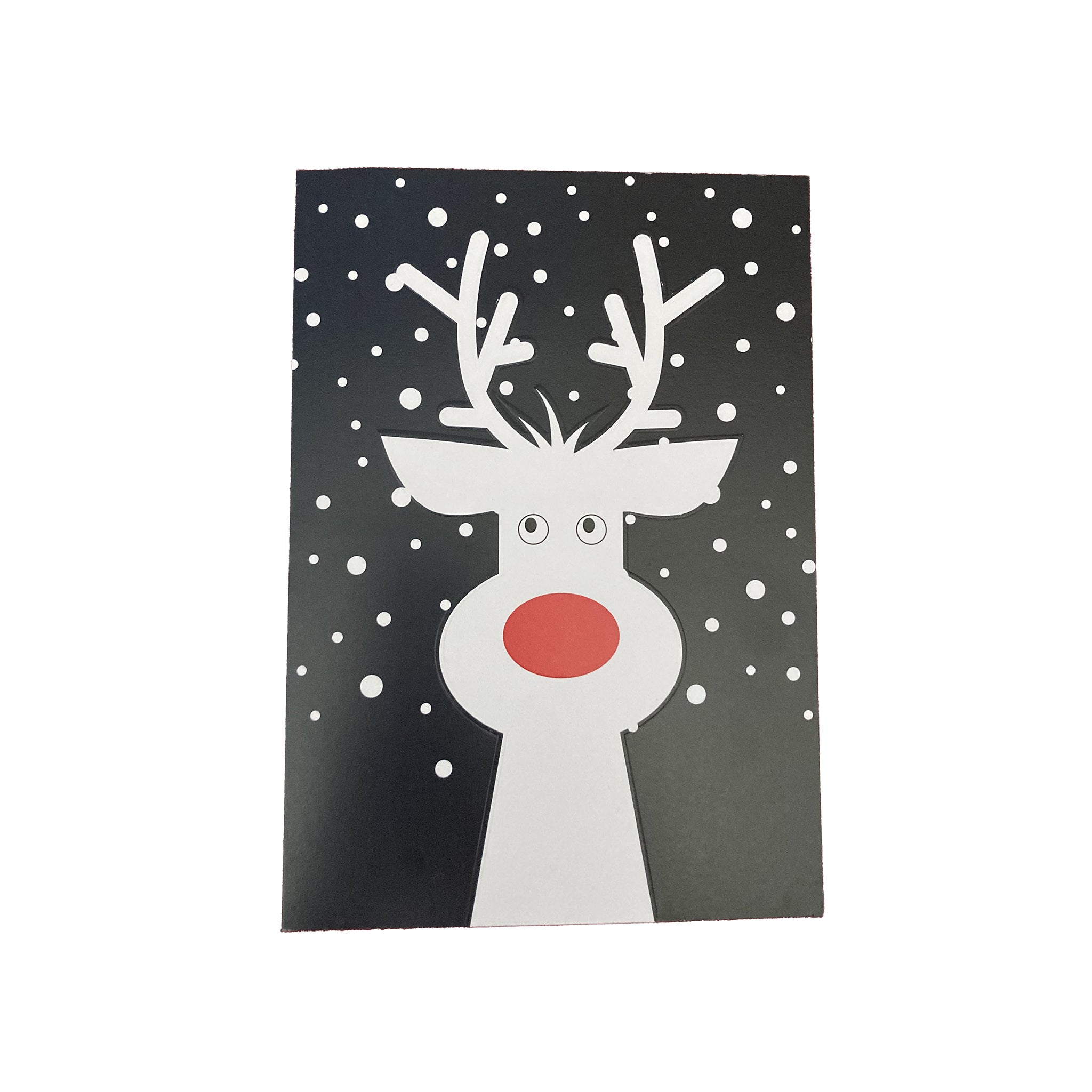 Card with a reindeer design on a black background with white dots