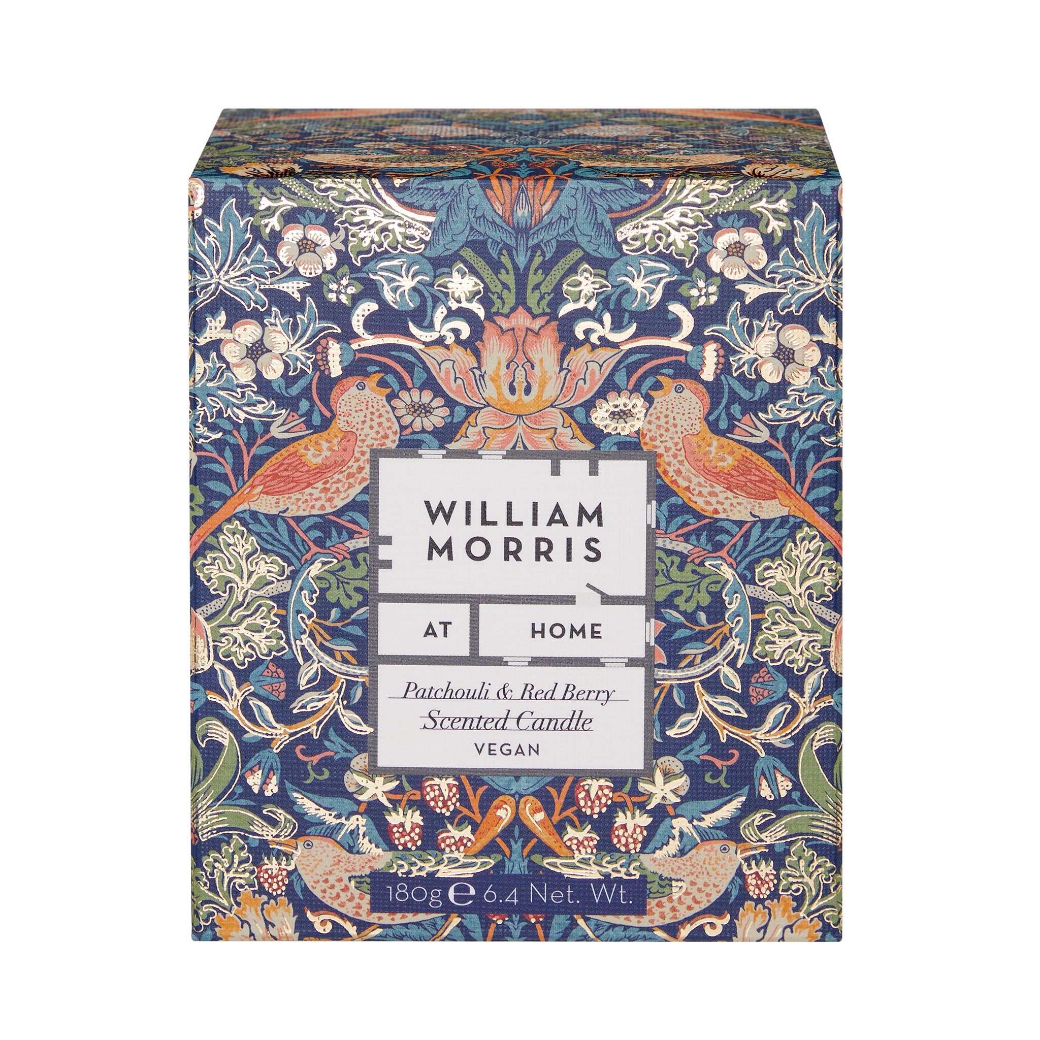 Decorative box with William Morris design featuring birds and floral patterns on a white background.
