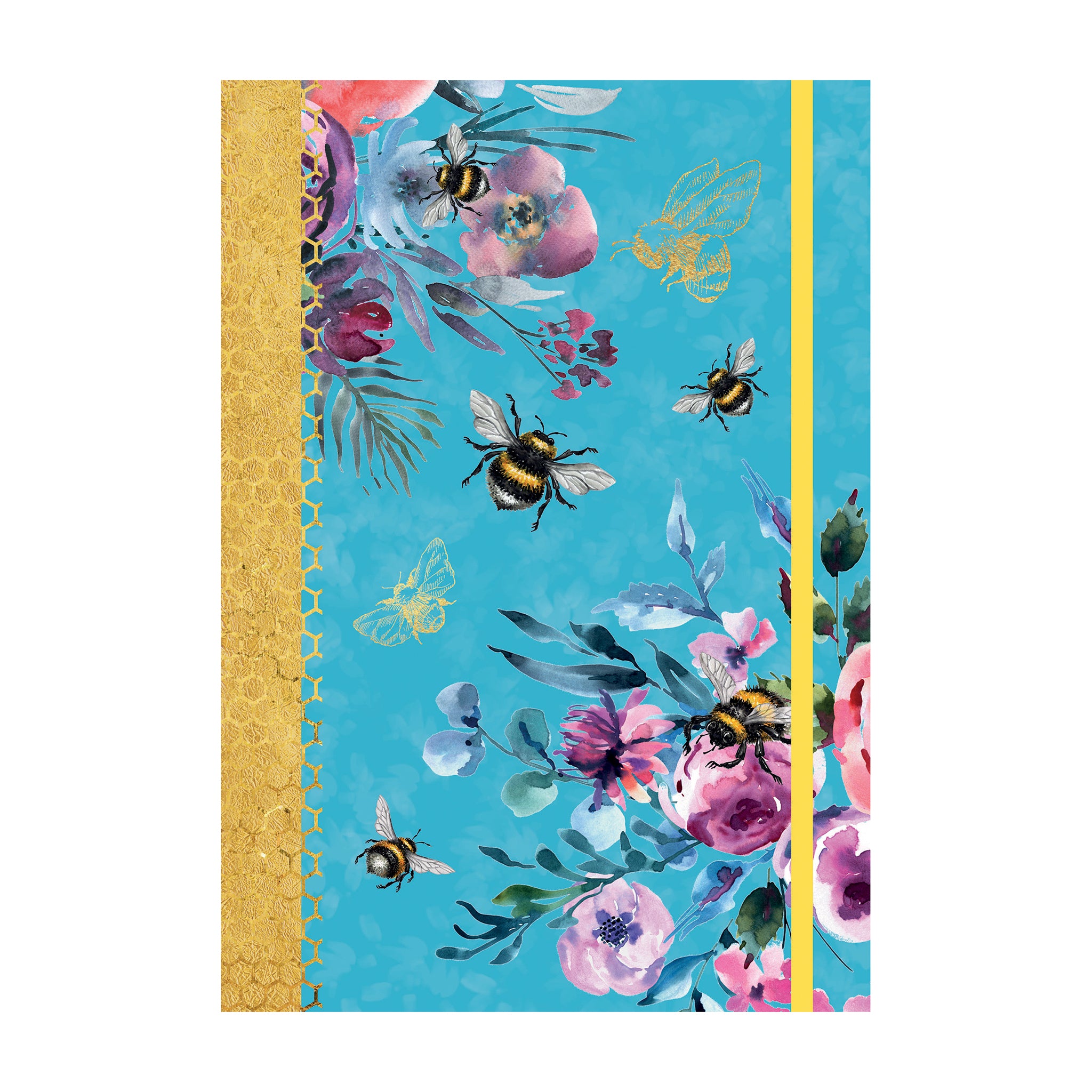 Notebook with floral design and bees on a blue background