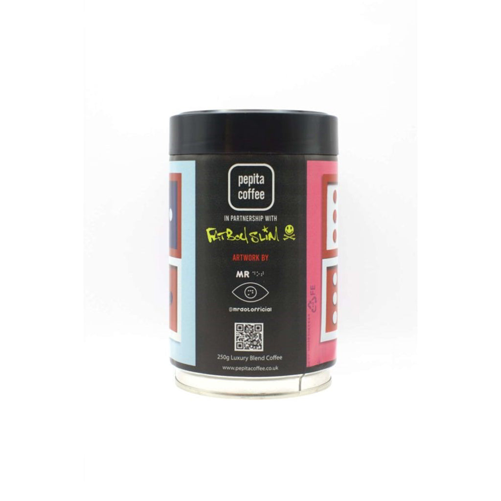 The image shows the side of the tin. This has the is black, with he Pepita coffee logo in white. The logo is a white square with rounded corners and the text Pepita coffee inside the square.