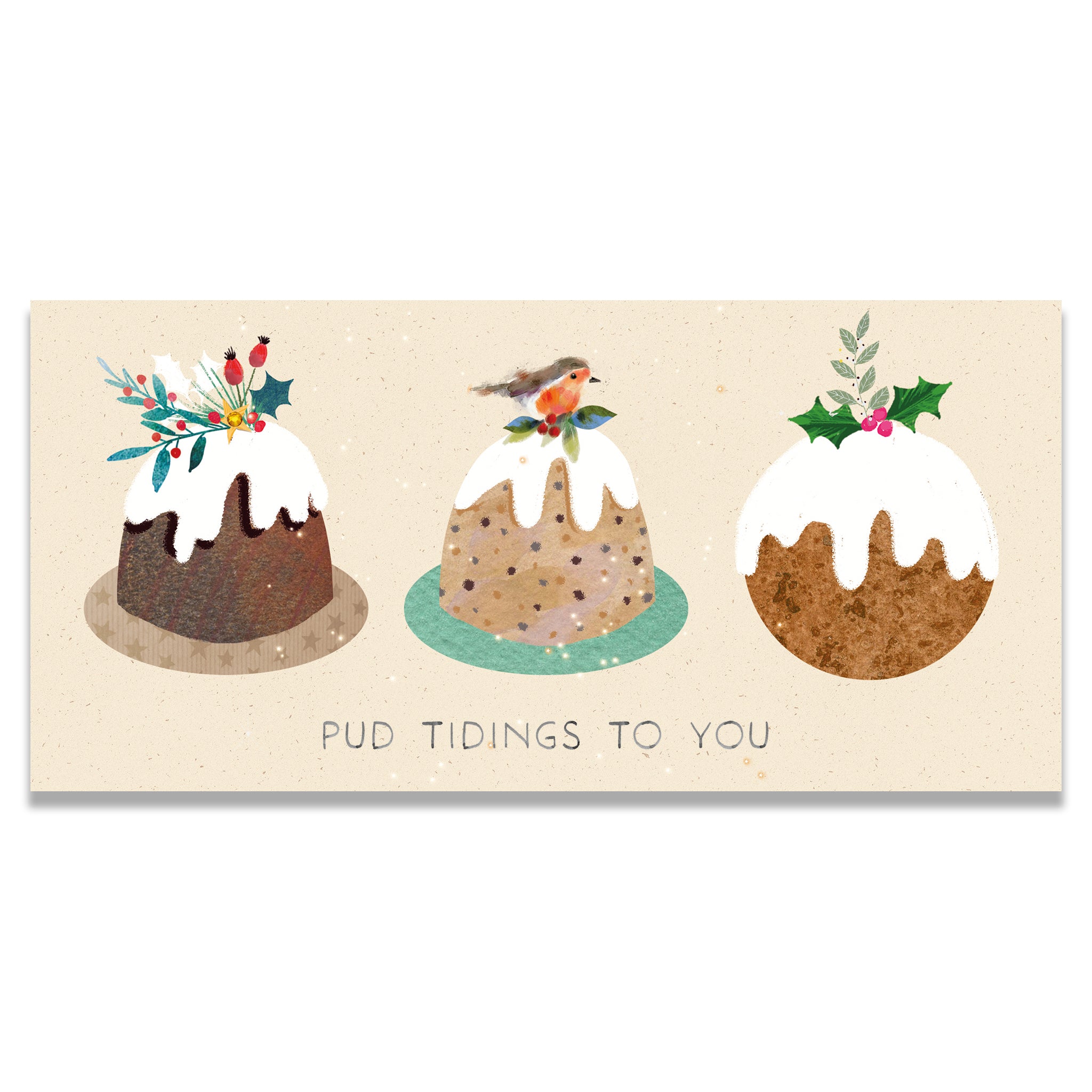 Money wallet with illustrations of Christmas puddings and text 'Pud Tidings To You' on a beige background