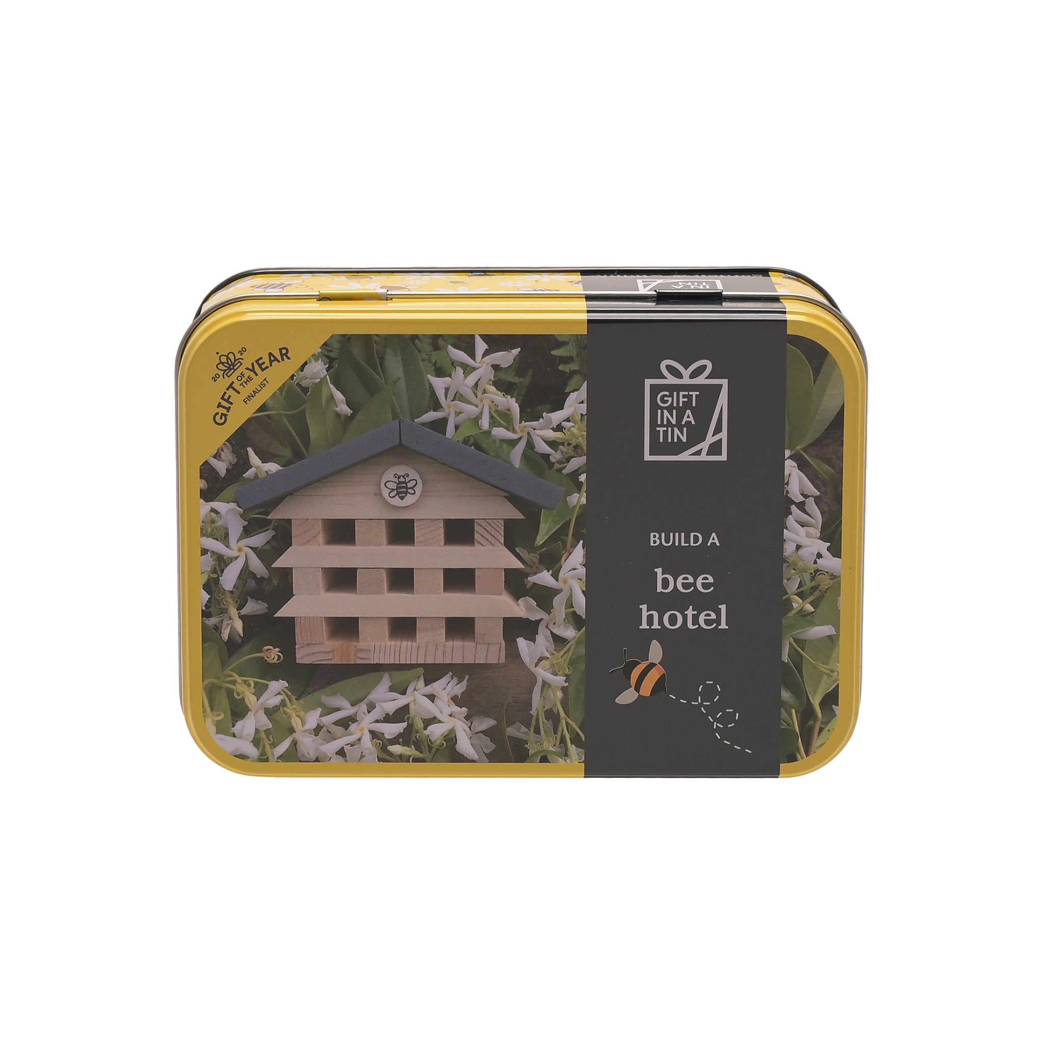 Gift in a tin packaging with a bee hotel model and floral design