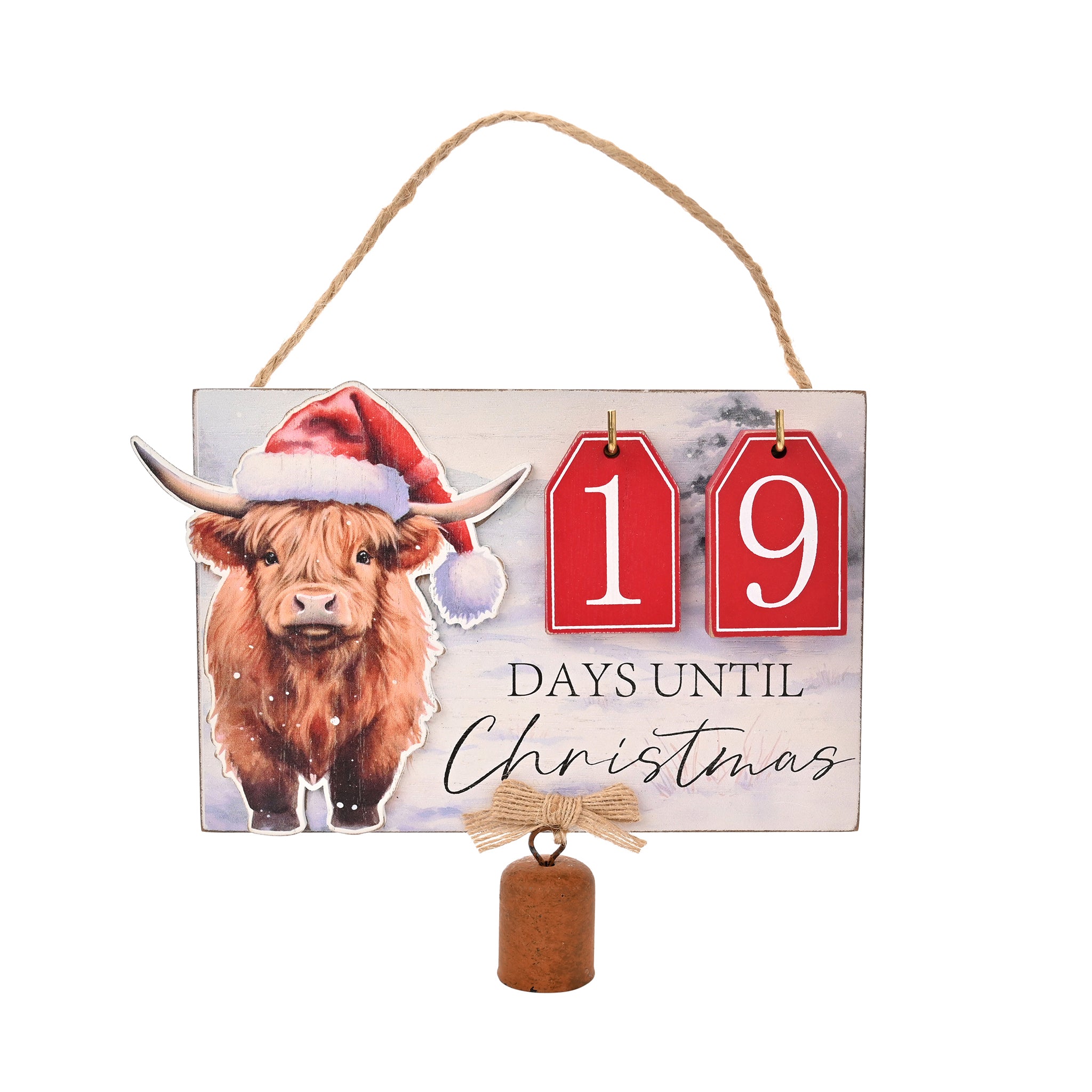 Christmas countdown sign with a cow wearing a Santa hat and '19 days until Christmas' text.