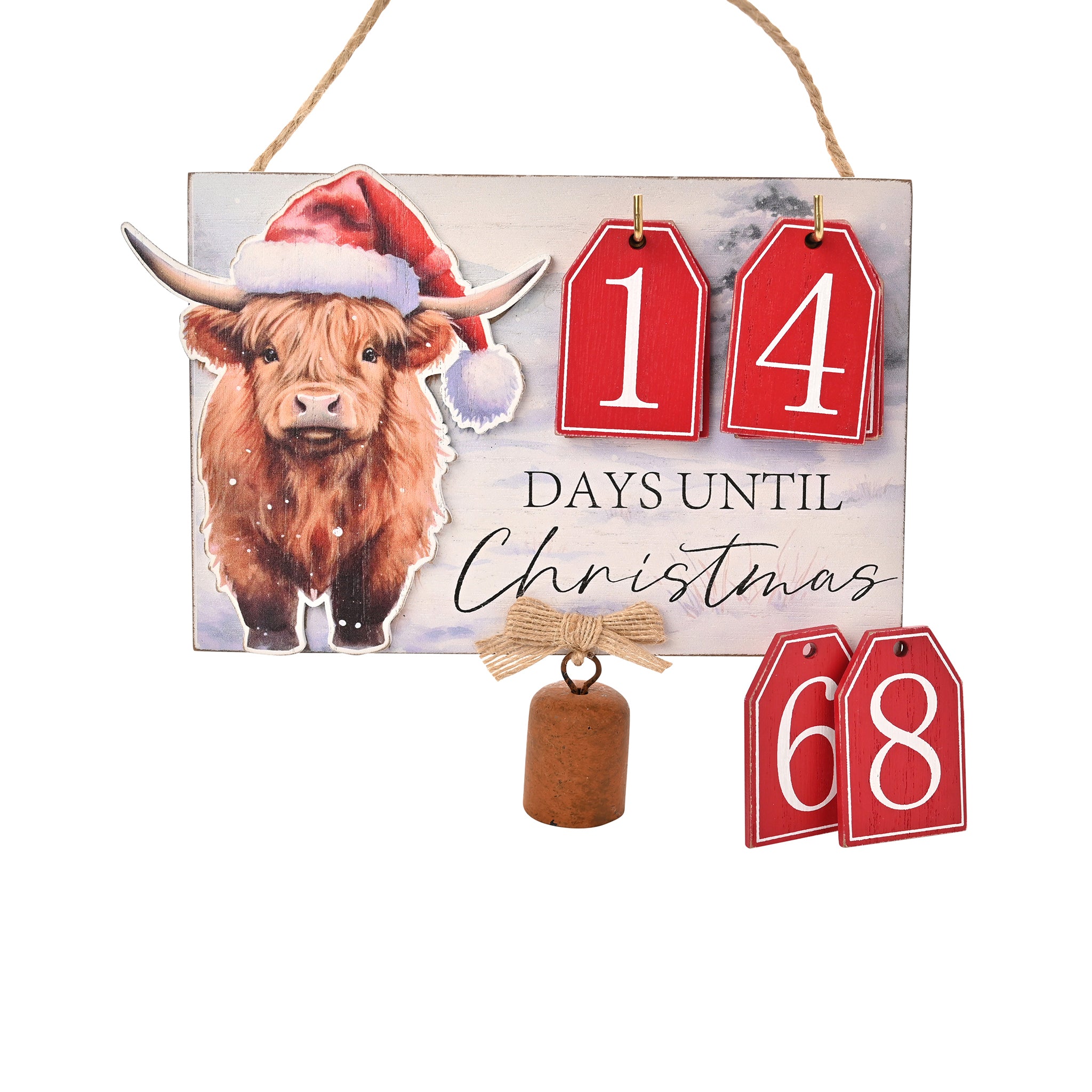 Christmas countdown sign with a cow wearing a Santa hat and red tags displaying numbers.