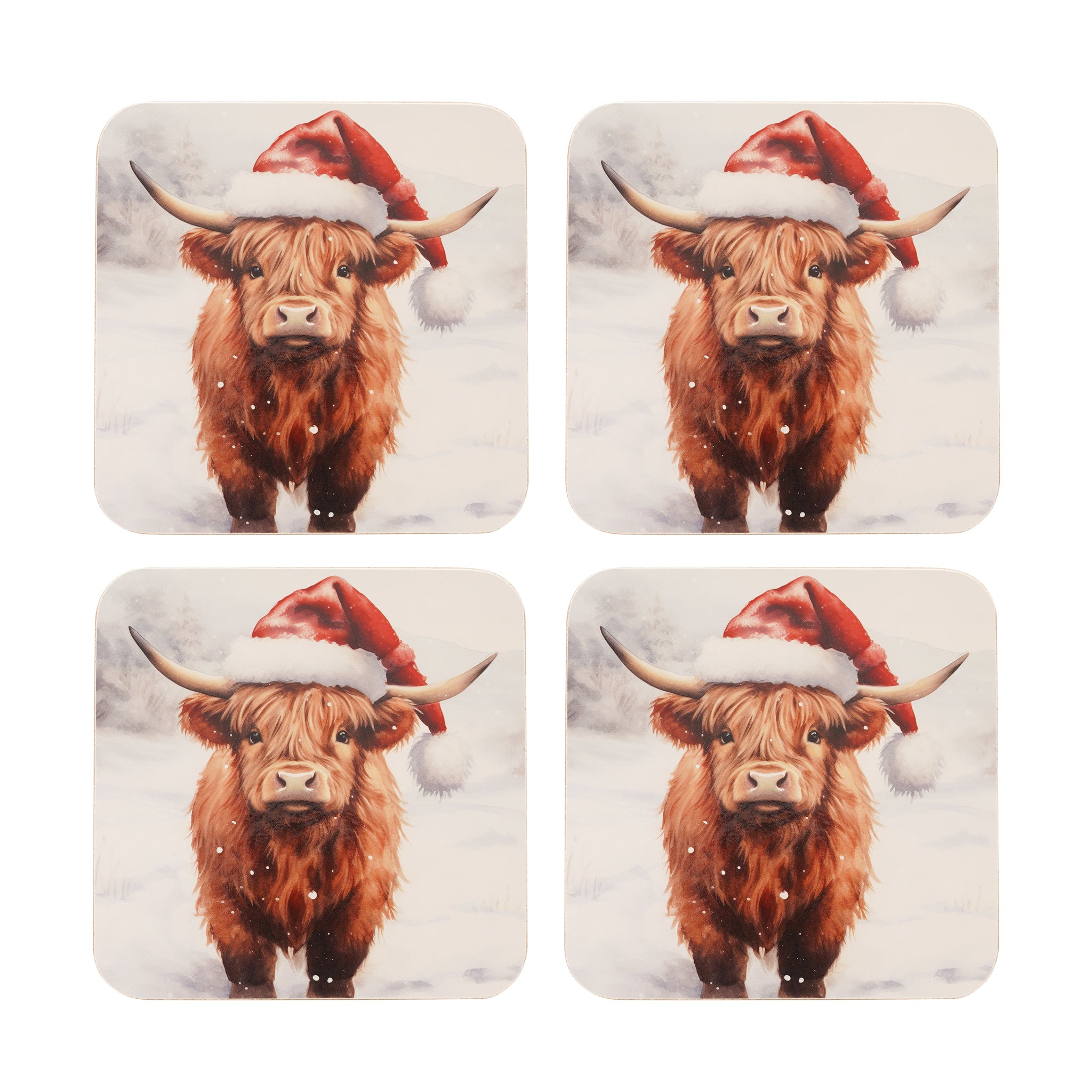 Four coasters with a highland cow wearing a Santa hat on a snowy background.