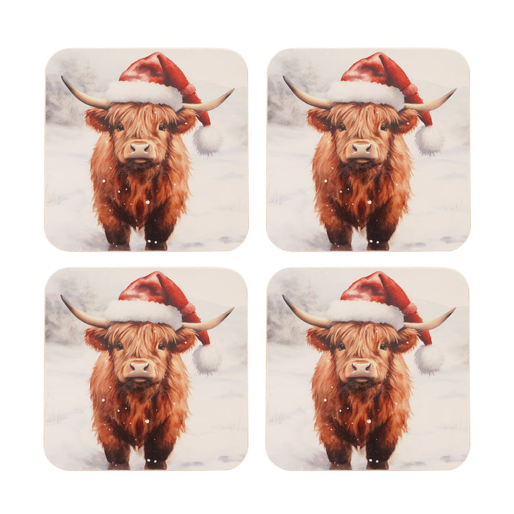 Set of 4 Christmas Highland Cow Coasters