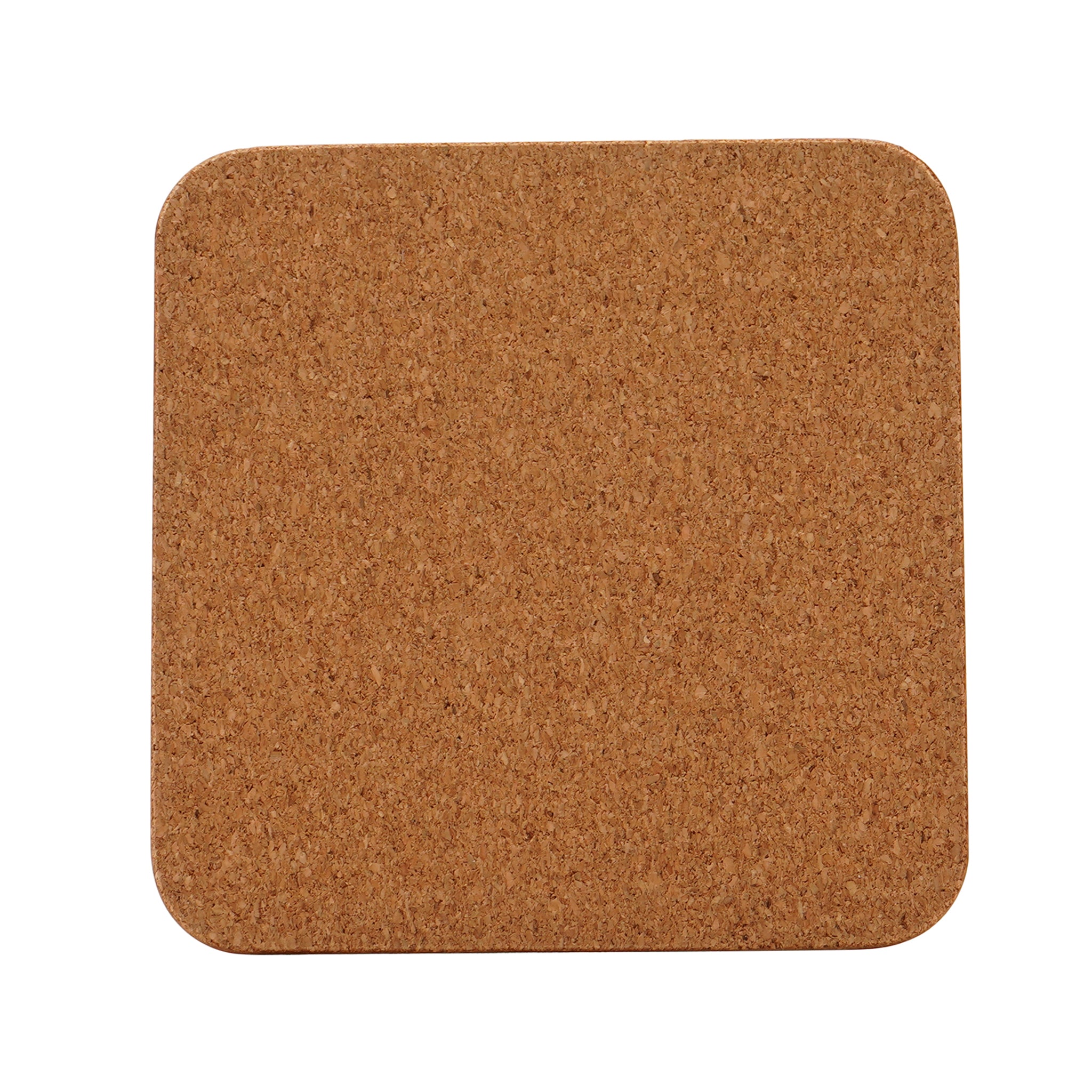 Back of the square coaster showing the cork backing on a white background