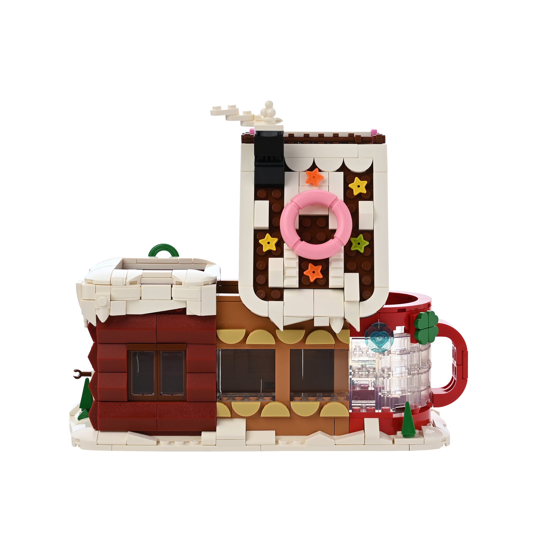 Christmas-themed brick set with a gingerbread house viewed from the rear.