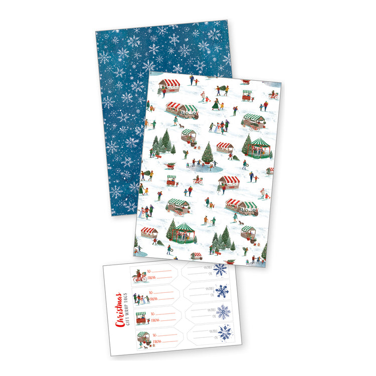 Christmas Village Wrapping Paper with sticker tags