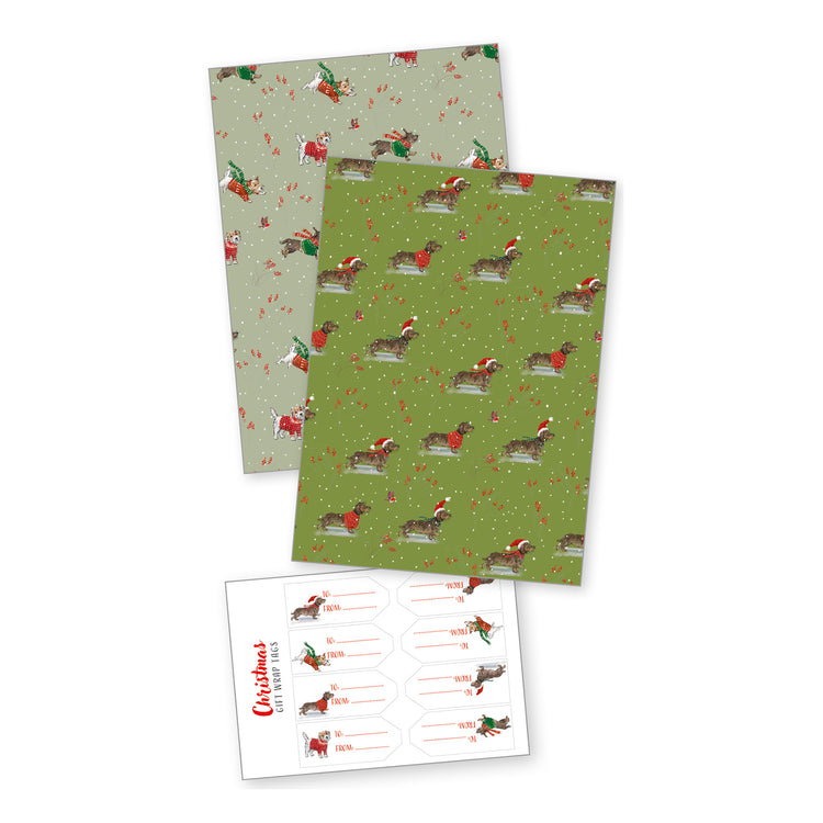 Festive Dog Christmas Wrapping Paper with sticker tags