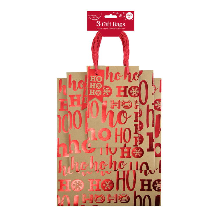 Pack of 3 assorted sized kraft Ho Ho Ho Christmas gift bags