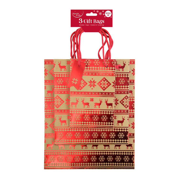 Pack of 3 assorted sized kraft Scandi Christmas gift bags