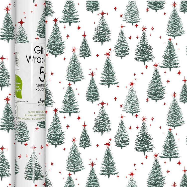 Christmas tree, red stars wrapping paper on a roll
