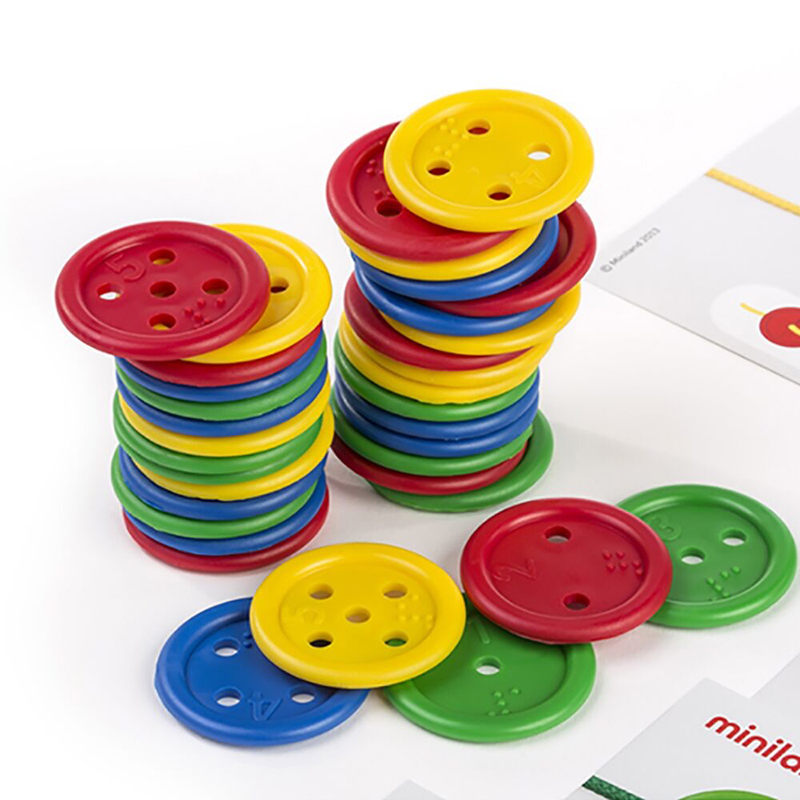 Colourful buttons stacked next to activity cards