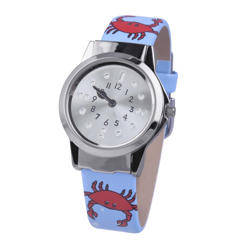small tactile watch with a blue strap covered in orange crabs