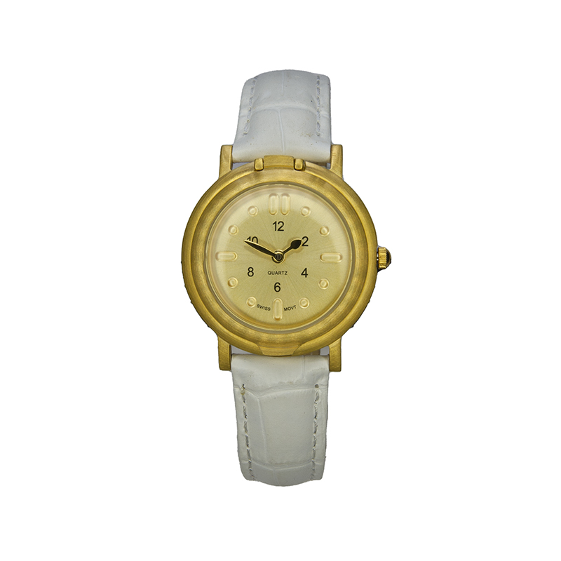 Small tactile watch with white strap and gold case