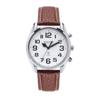 Large radio-controlled watch with silver case, white face and brown strap
