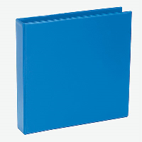 An upright blue ring binder 