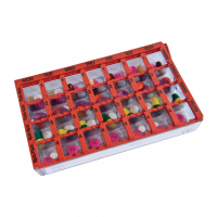 Top angle of the pill organiser showing the weekly pill organiser's 28 compartments